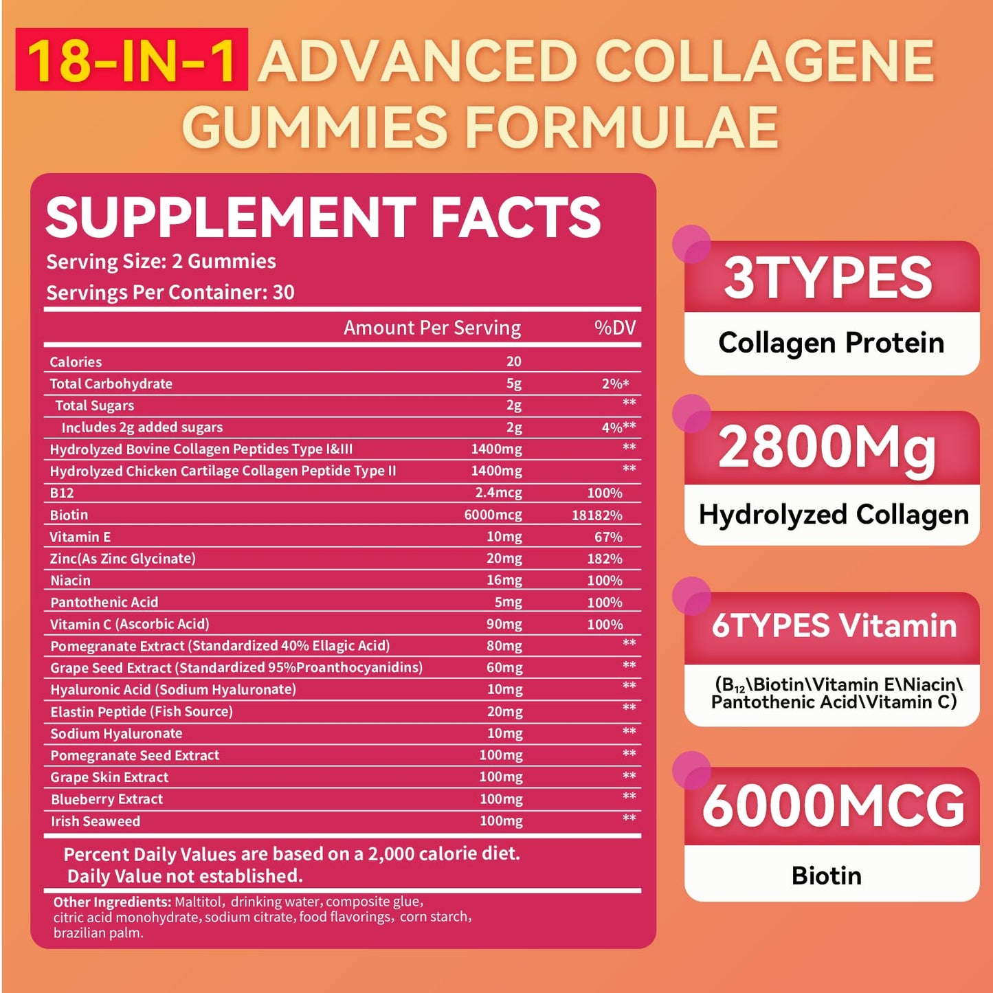 Right More 18-in-1 Collagen Gummies – Multivitamin Biotin 6000mcg Zinc Hyaluronic Acid for Skin Hair Nails – Mixed Berry, 60 Gummies