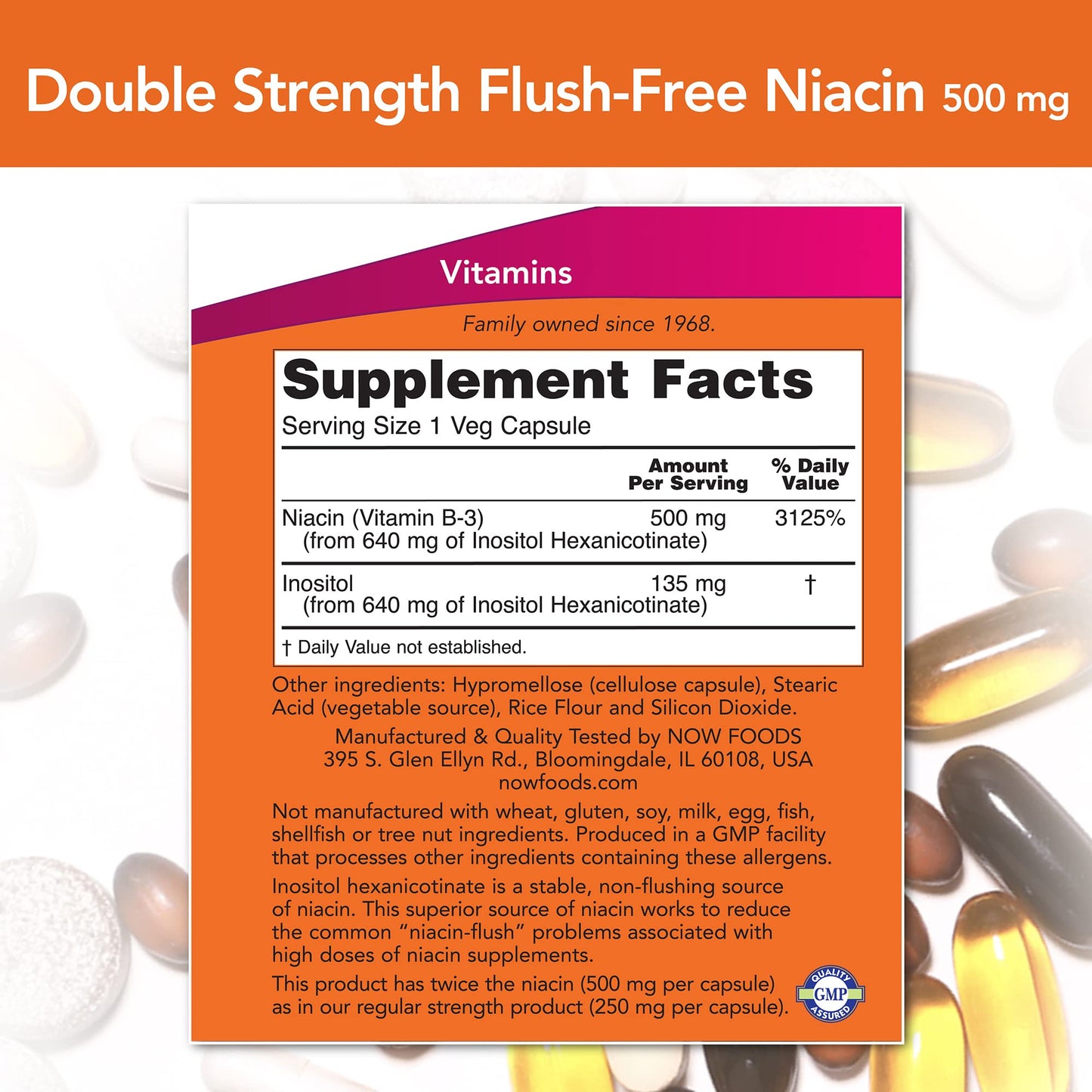 NOW Foods Flush-Free Niacin 500 mg Capsules, 90 Capsules