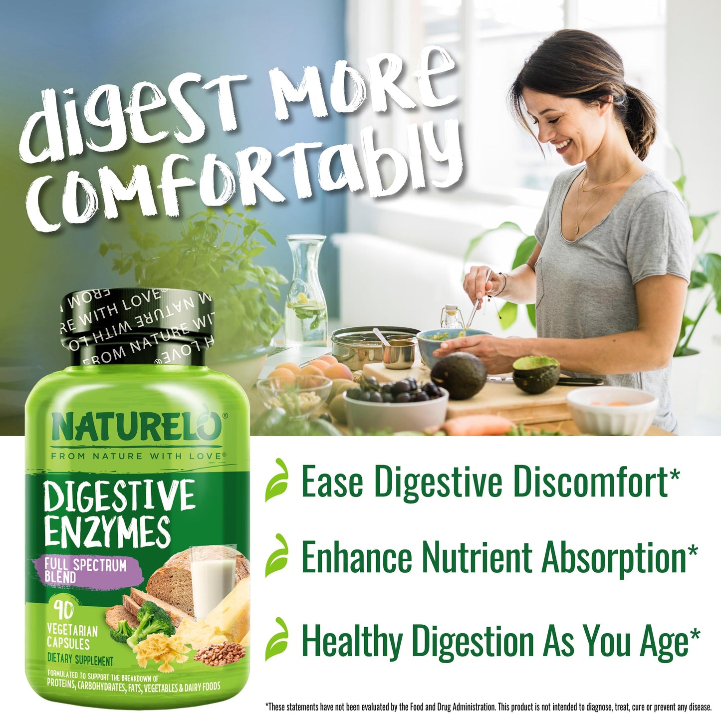 NATURELO Digestive Enzymes - Full Spectrum Support with a Broad Blend of 15 Enzymes Plus Ginger, 90 Capsules