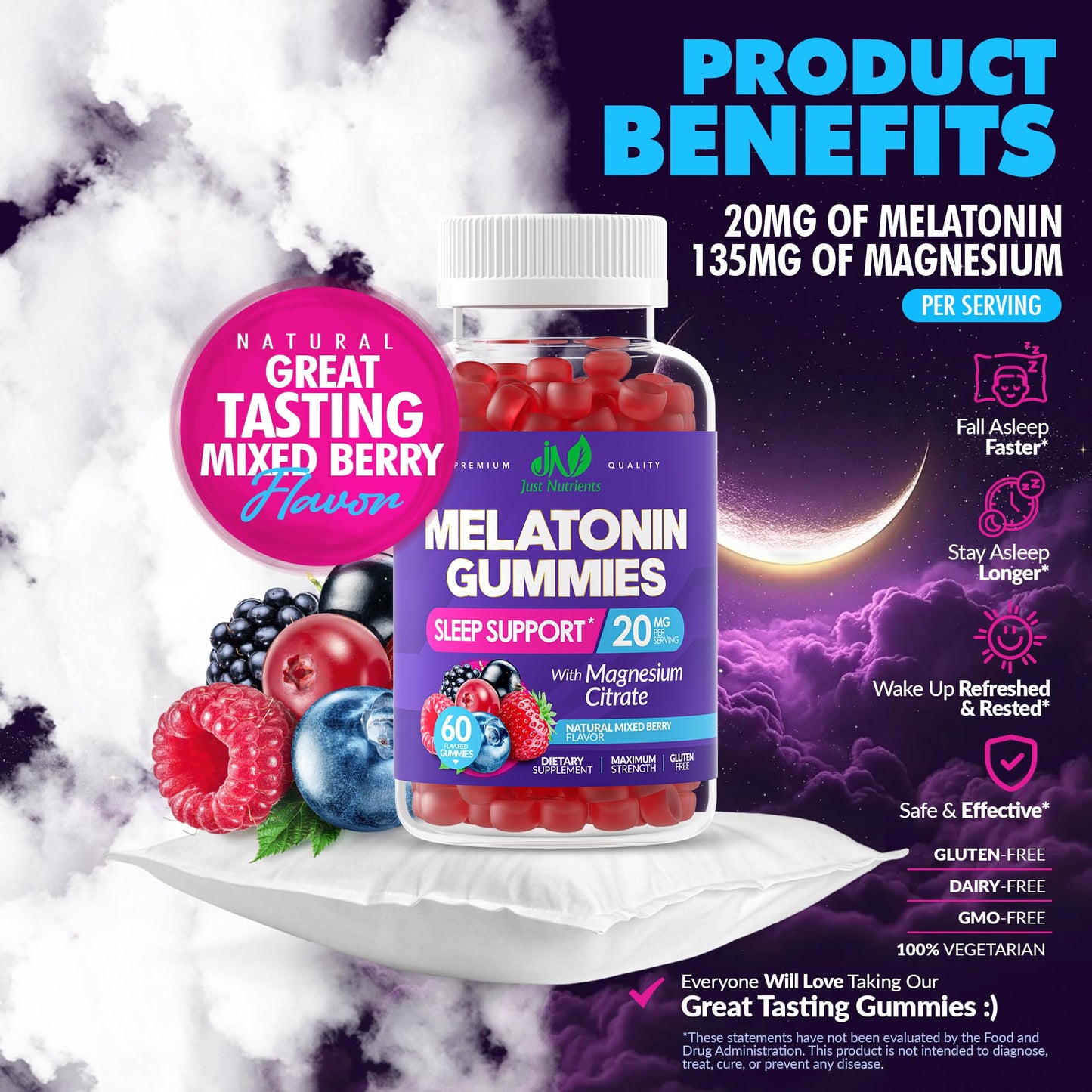 Just Nutrients Melatonin Gummies with Magnesium Citrate, 60 Gummies