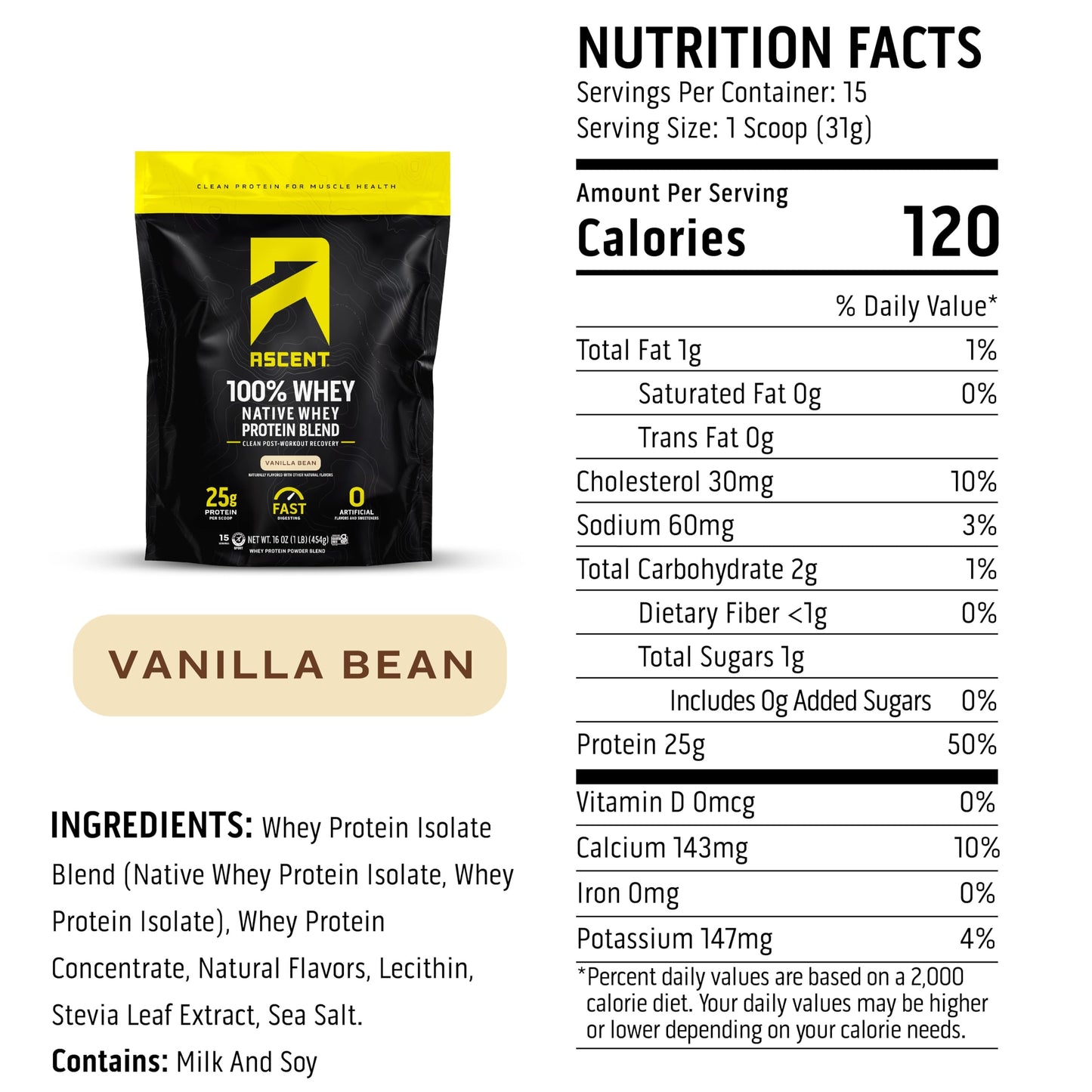 Ascent 100% Whey Protein Powder Vanilla, 1 lb