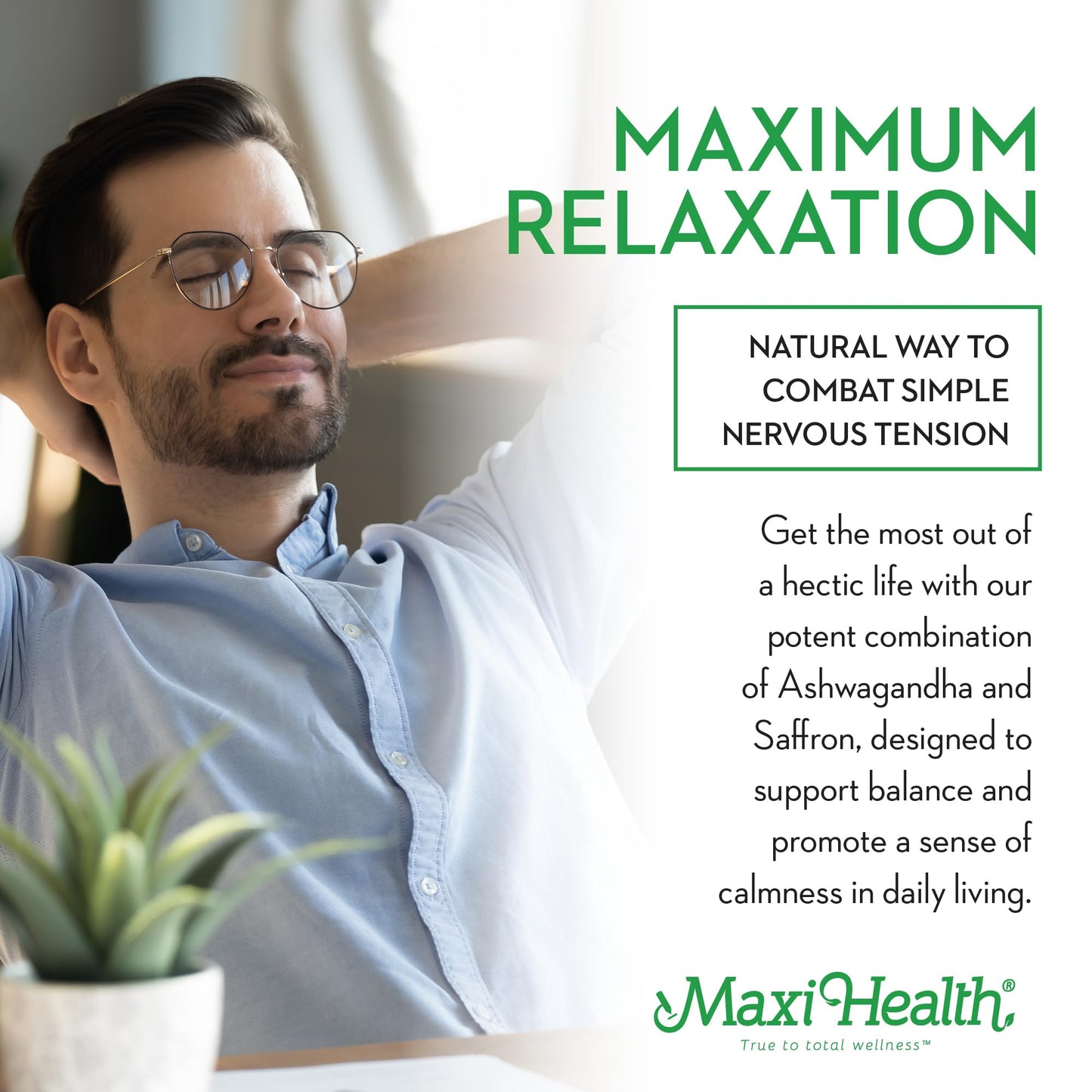 Maxi Health Ashwagandha Complex with Saffron 600mg Ashwagandha Capsules & 30mg Saffron Extract, 60 Capsules