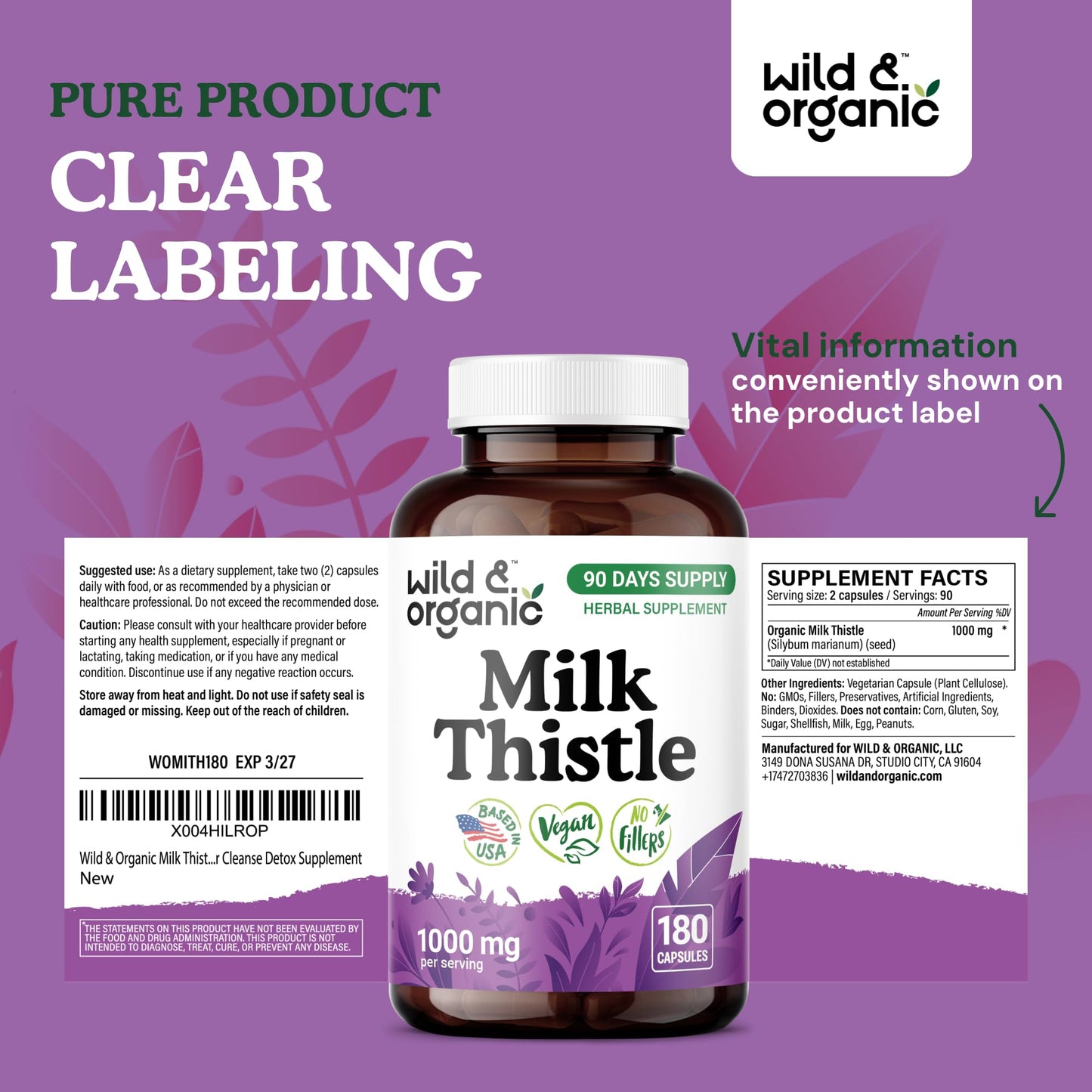 Wild & Organic Milk Thistle 1000mg Capsules, 180 Count