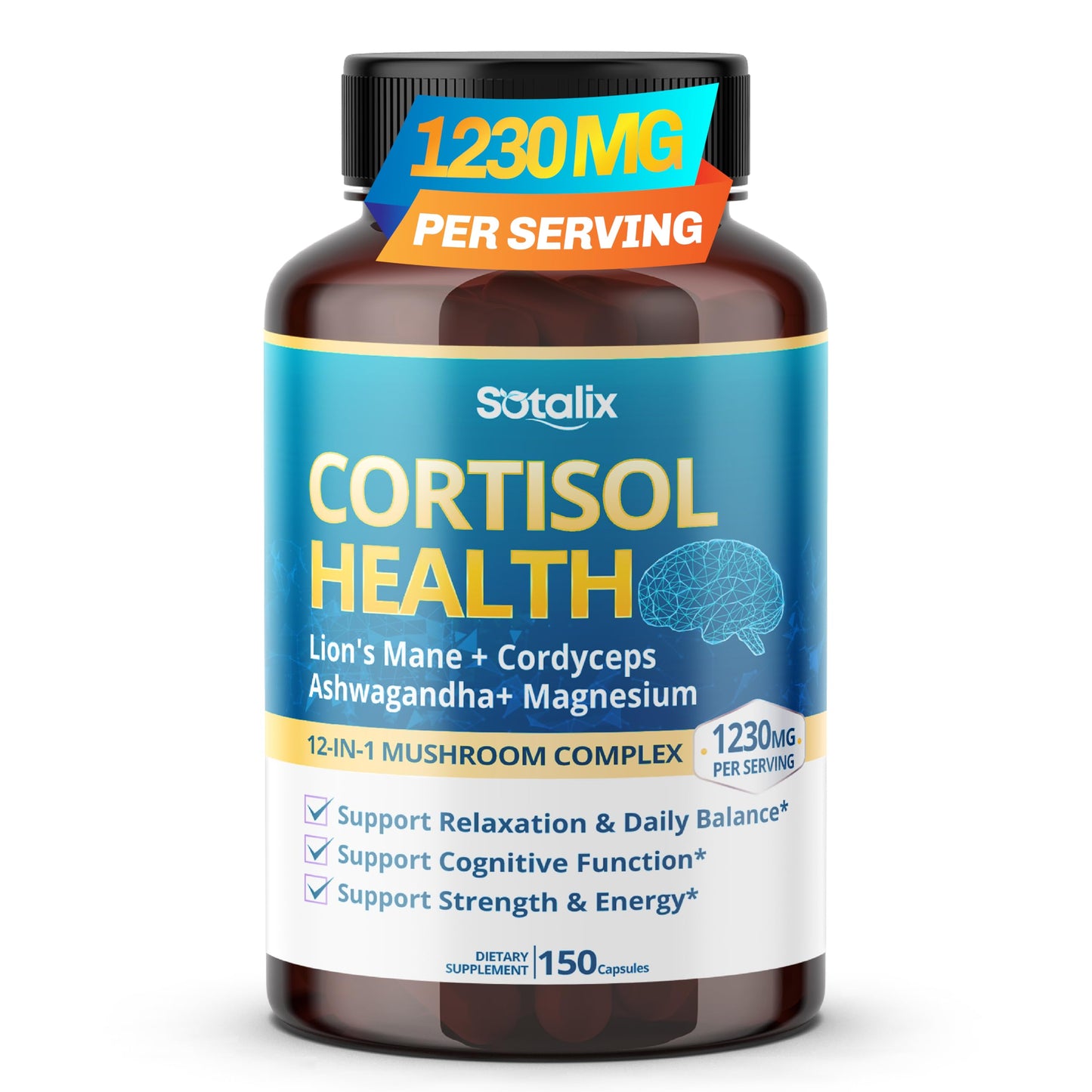 Sotalix Supplement Cortisol Health Supplement with Magnesium, Ashwagandha, Lion’s Mane & 10 Mushroom Complex – Relaxation, Focus & Energy Support Capsules 150