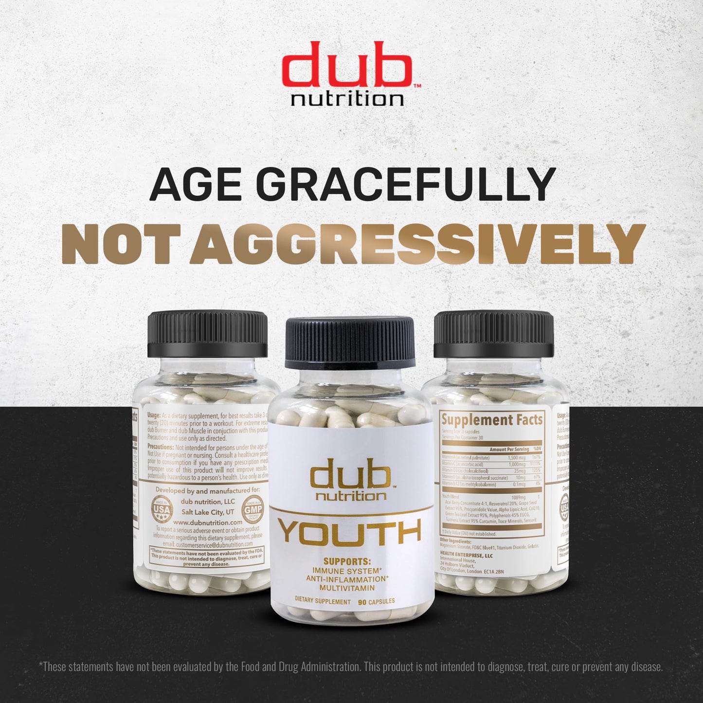 Dub Nutrition Youth Formula with Acai, Resveratrol, Curcumin, Vitamins A, C, D, E, B12, and CoQ10, 90 Capsules