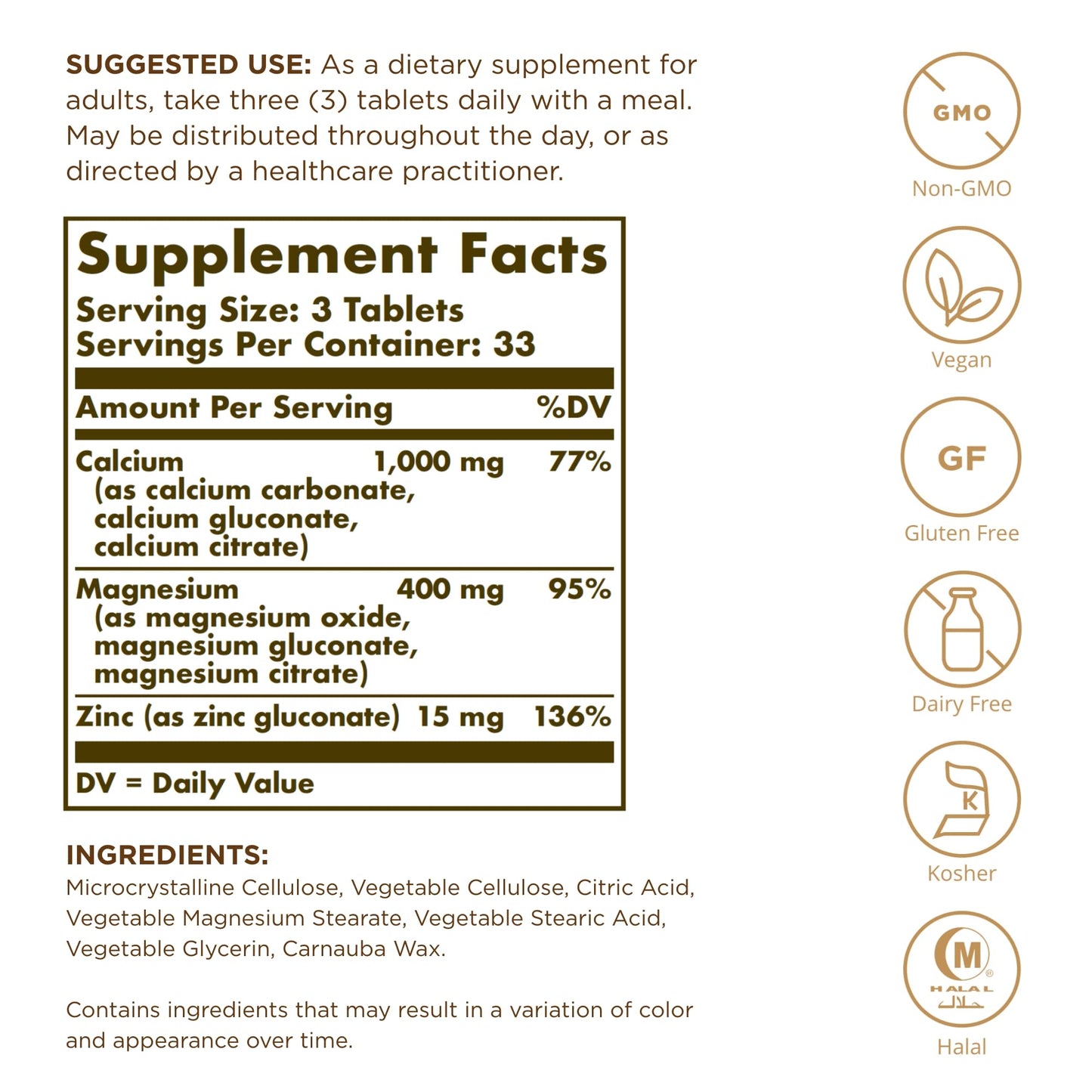 Solgar Calcium Magnesium Plus Zinc 750 Tablets