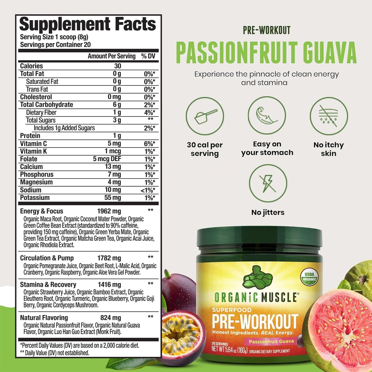 Organic Muscle Pre Workout Powder Passionfruit Guava 5.64 oz