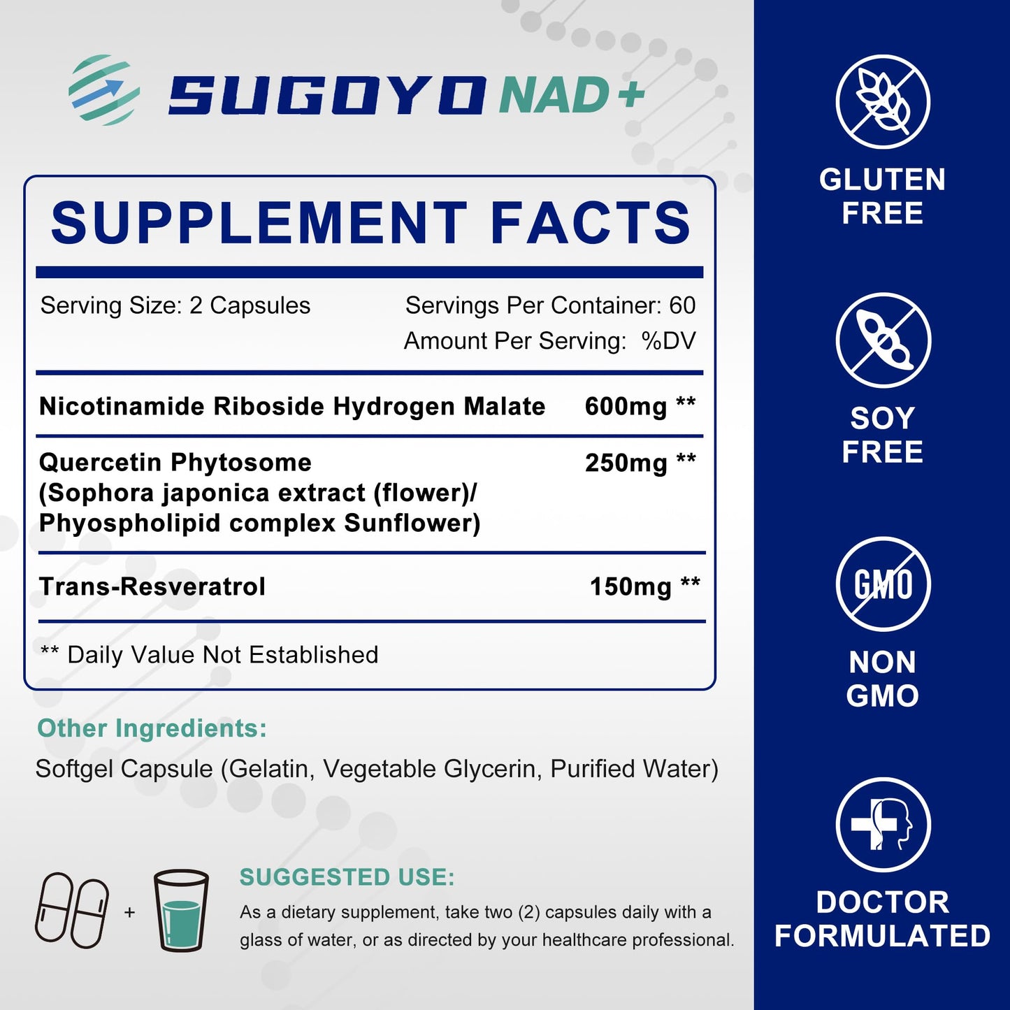 SUGOYO NAD+ Supplement 1000mg Liposomal Nicotinamide Riboside Capsule, 60 Count