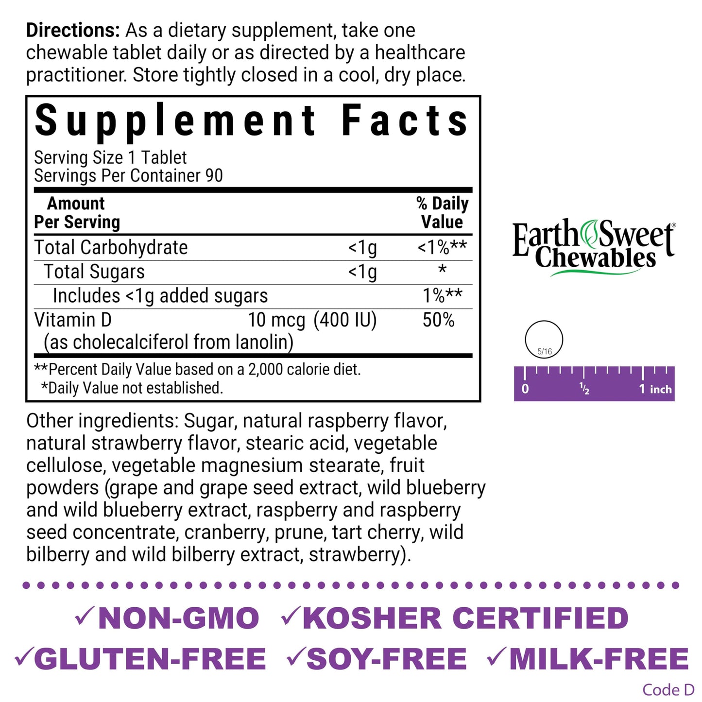 BlueBonnet EarthSweet Vitamin D3 400 IU, 90 Tablets