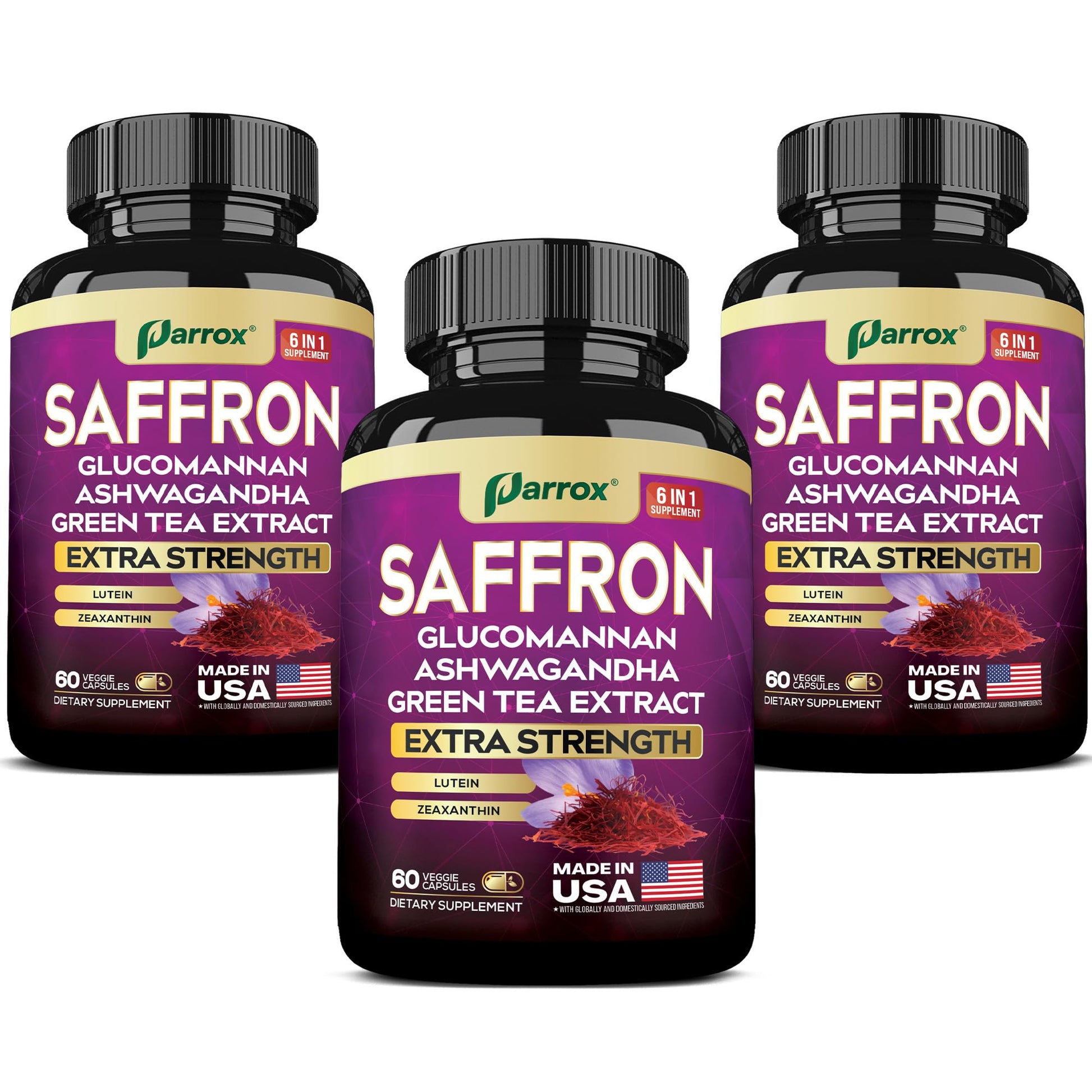 Parrox Saffron Supplement Vision & Wellness Glucomannan & Ashwagandha 180 Capsules
