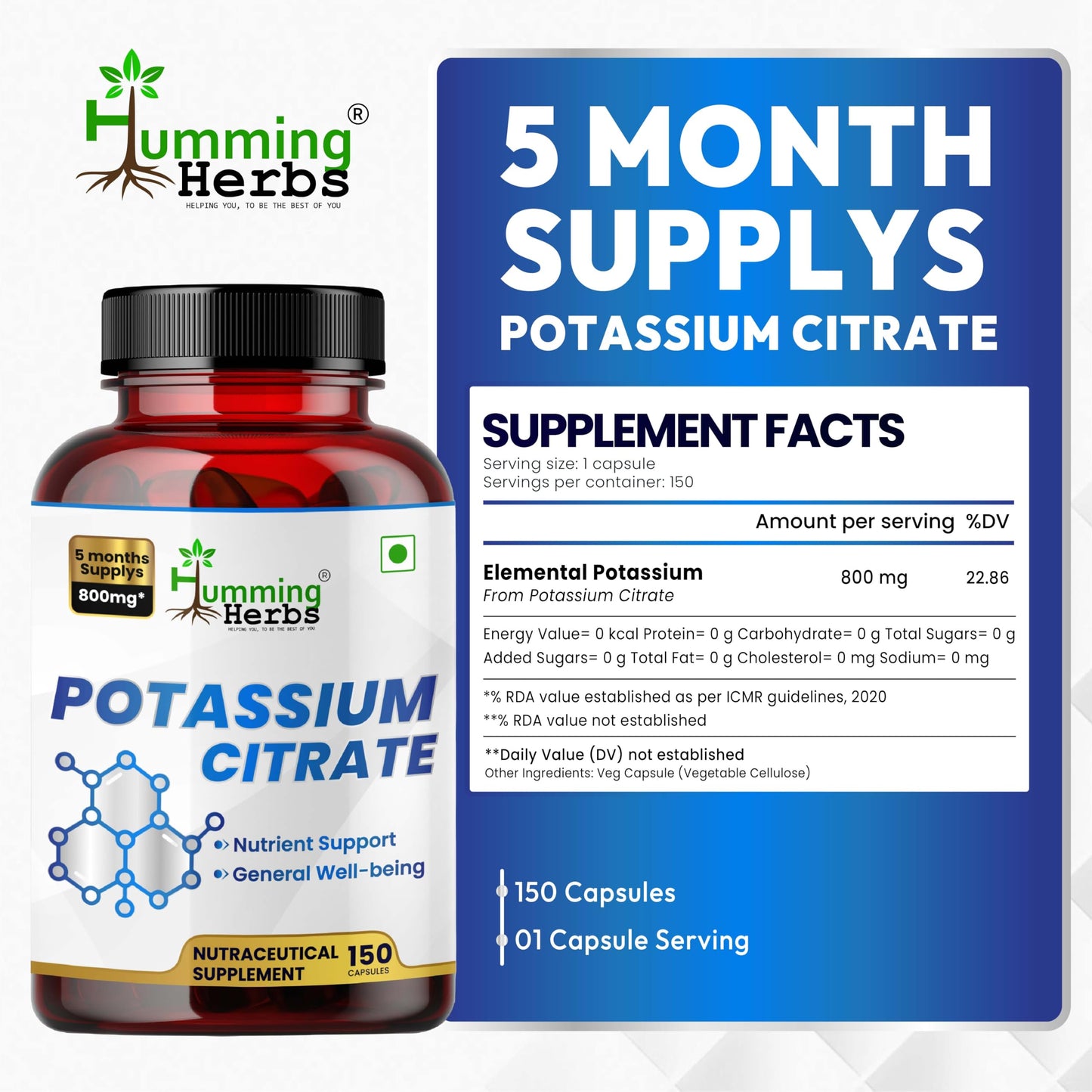 Humming Herbs Potassium Citrate 800 mg (306 mg Elemental Potassium) Capsules, 150 Count