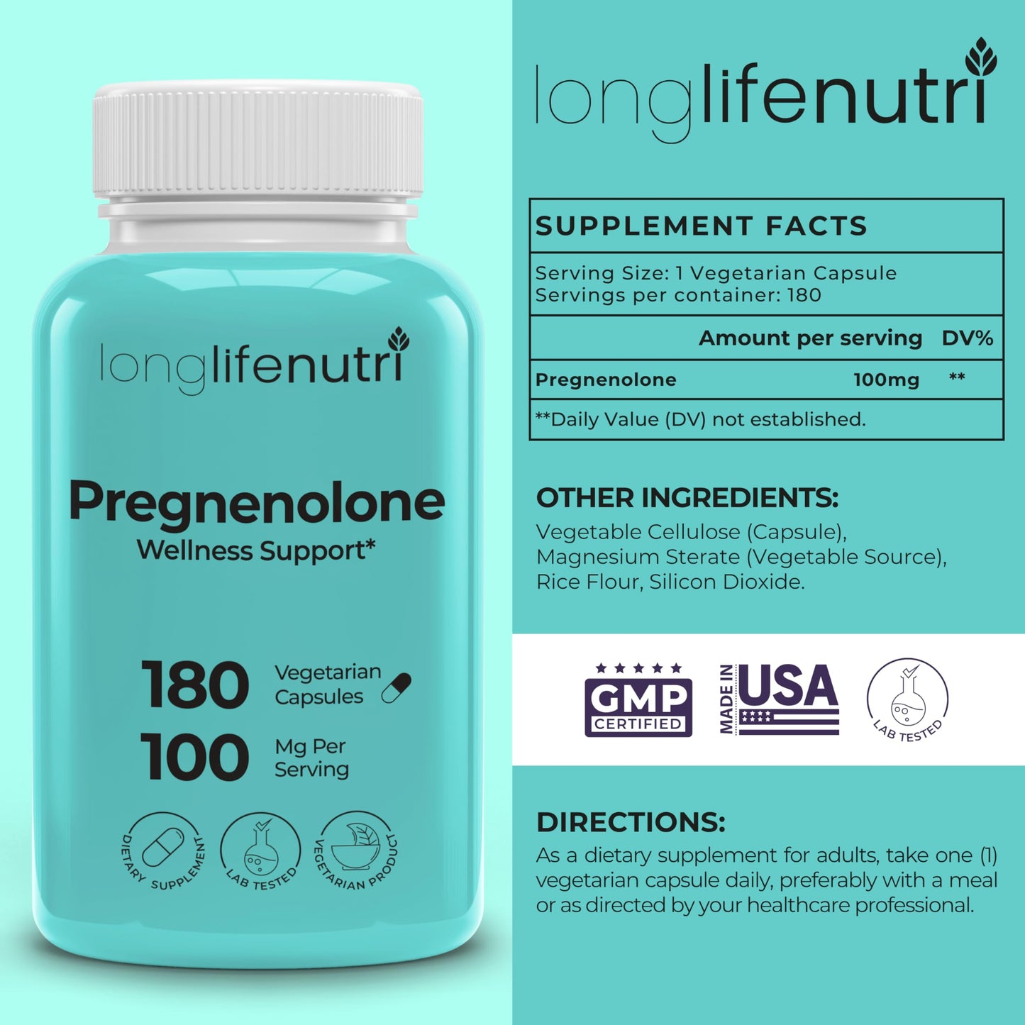 LongLifeNutri Brain & Hormone Support Pregnenolone Capsules 180 Count
