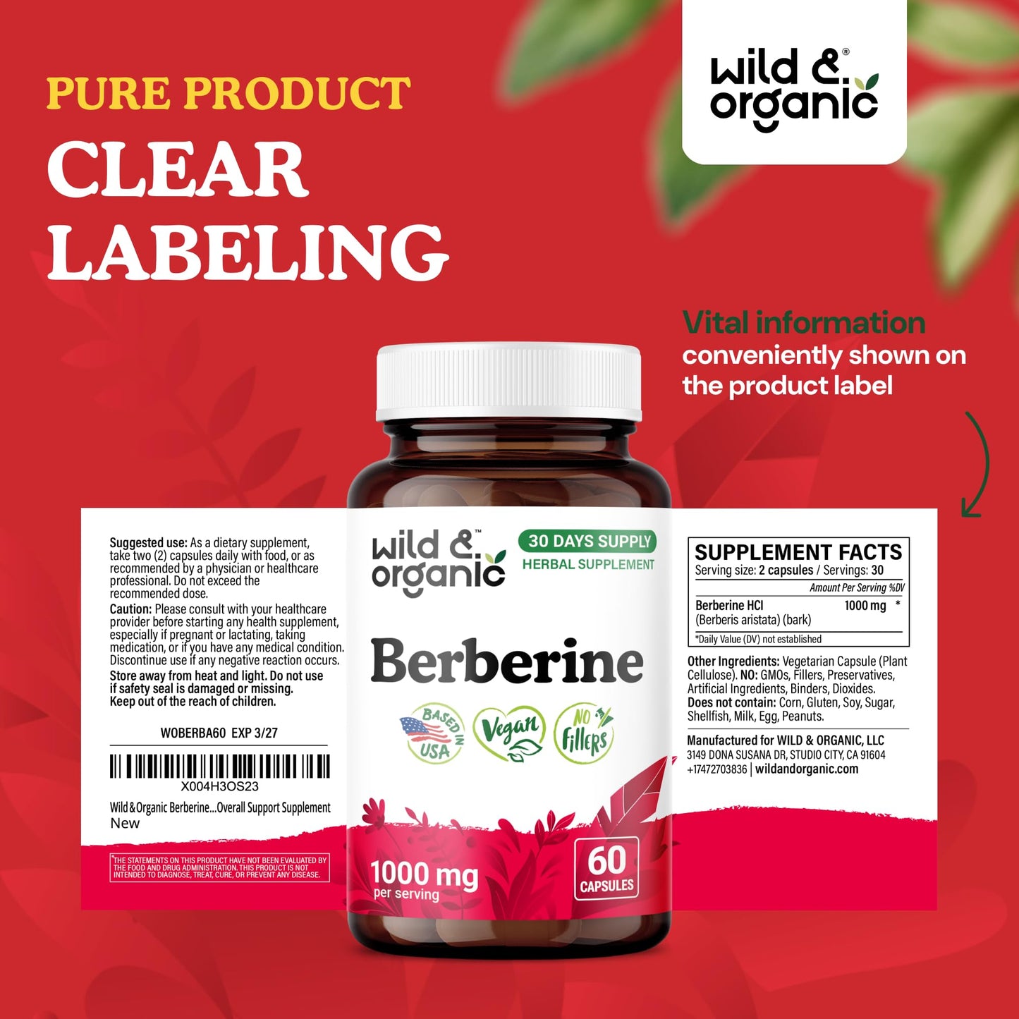 Wild & Organic Berberine Supplement Capsules 60 Count