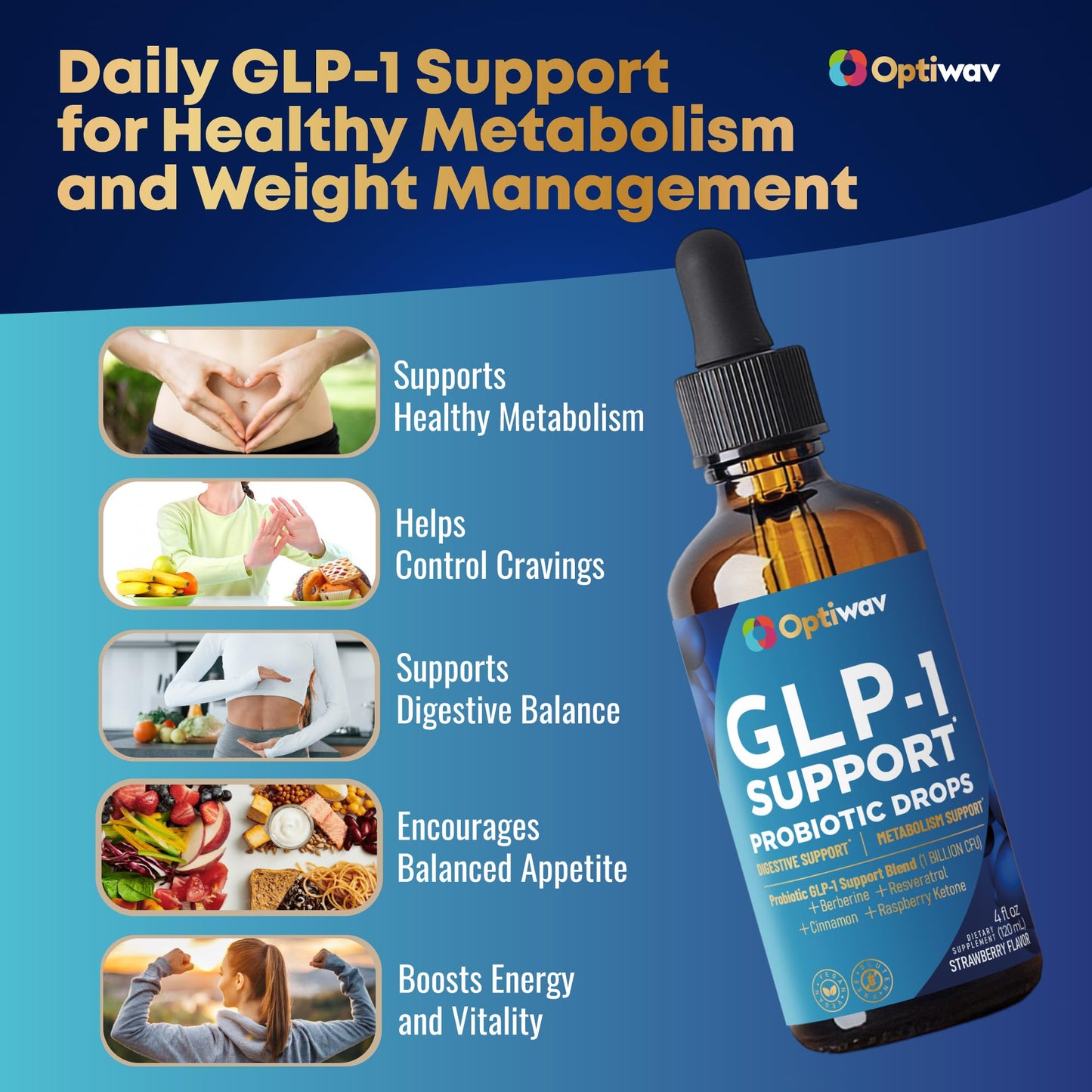 Optiwav GLP-1 Support Probiotic Supplement for Weight Loss Fat Burner Support Capsule, 4 Count