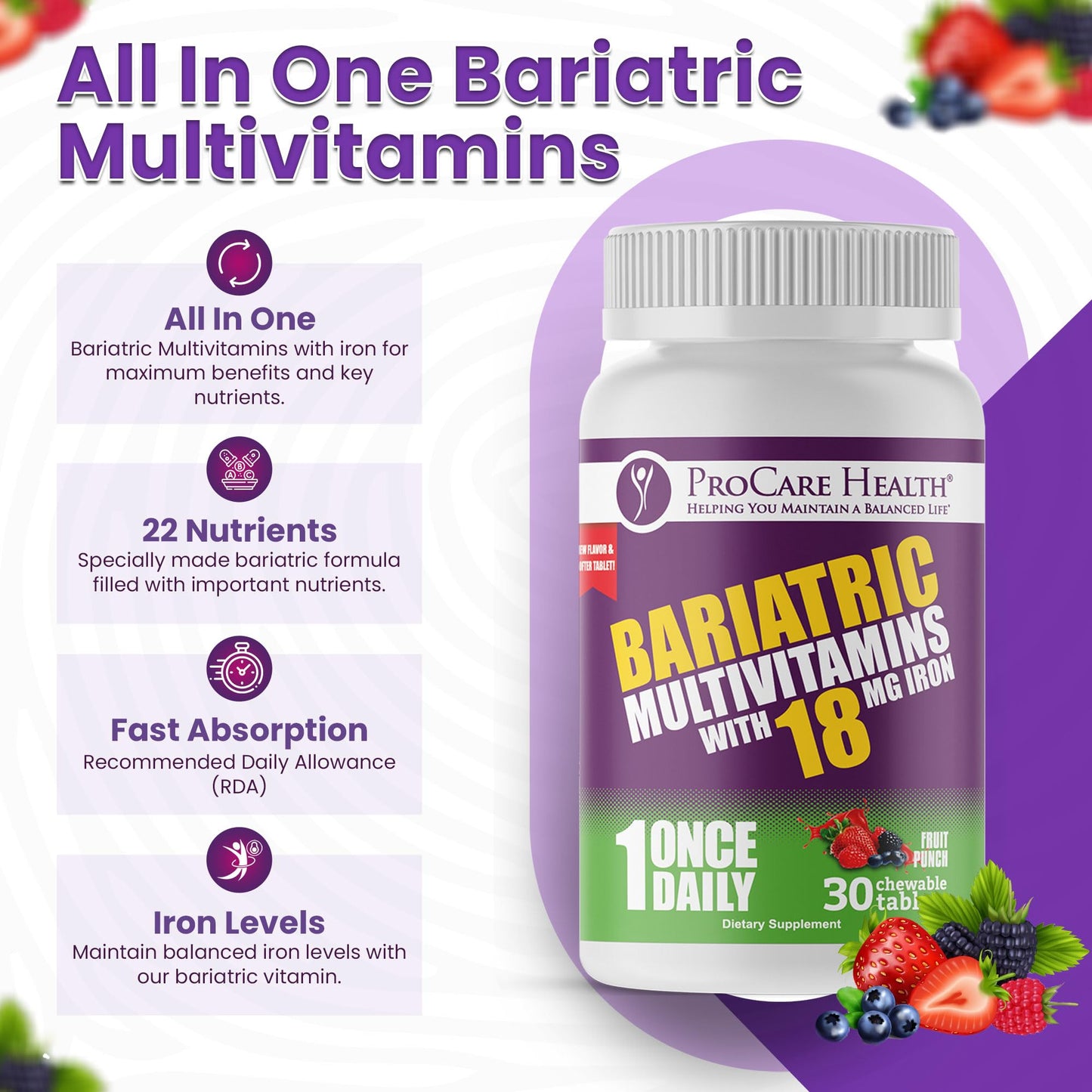 ProCare Health Bariatric Chewable Multivitamin with Iron 18mg, 30 Tablets
