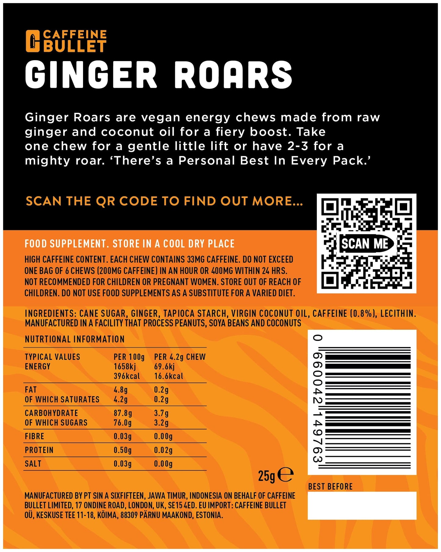 Caffeine Bullet 33mg Caffeine Chews Ginger Gummies, 60 Gummies