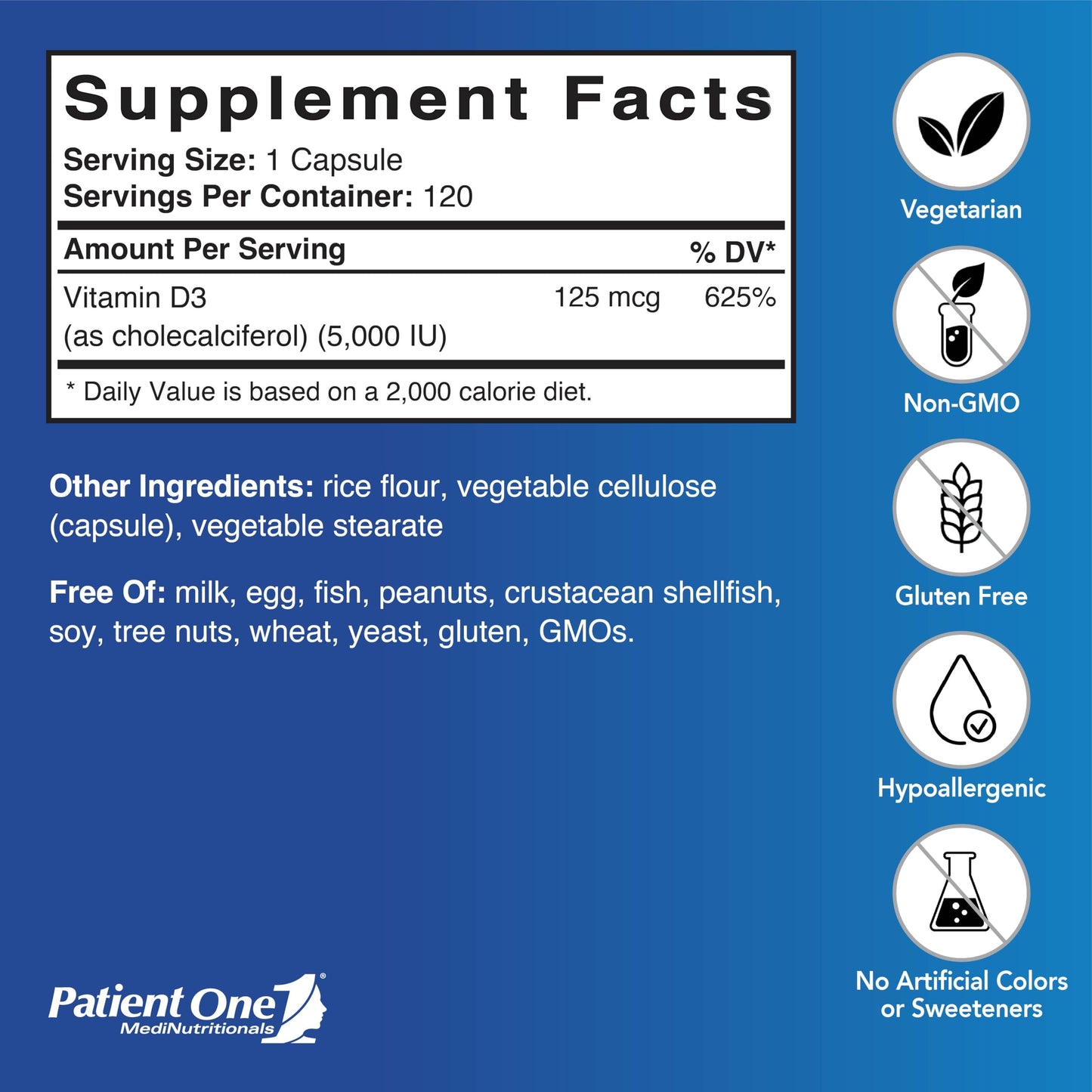Patient One Vitamin D3 5,000 IU Capsule, 120 Capsules