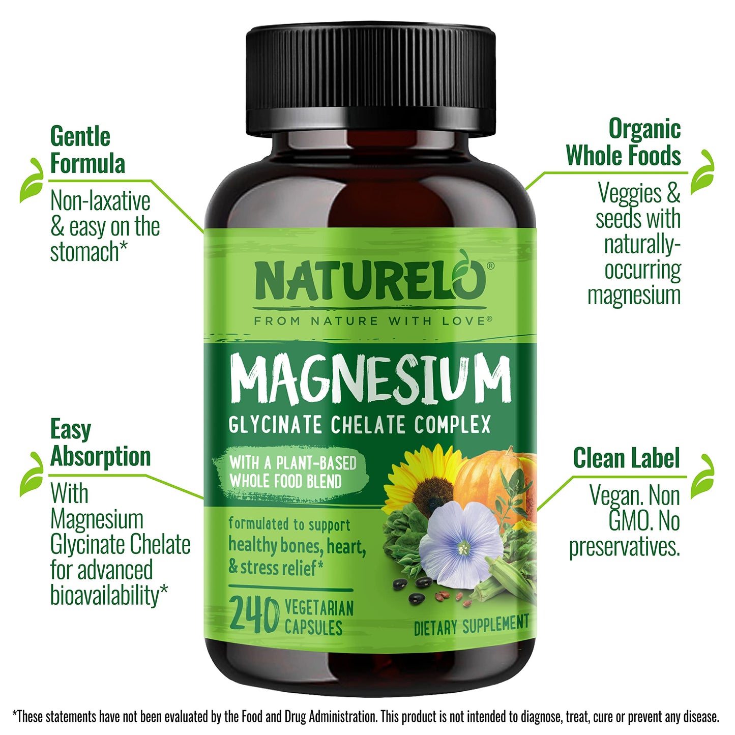 NATURELO Magnesium Glycinate Chelate Complex 200 mg Magnesium Capsules, 240 Count