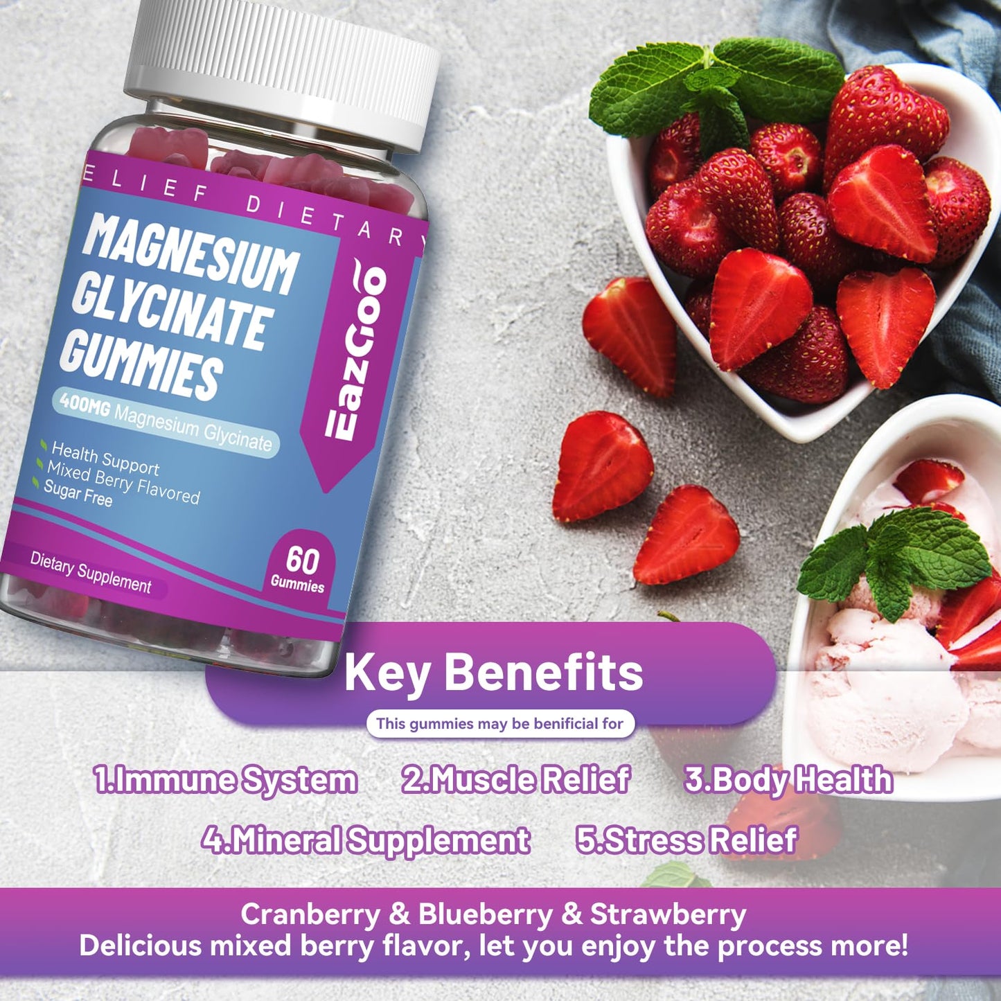 EAZGOO Magnesium Glycinate Gummies 400mg with L-Threonine 200mg, 60 Gummies