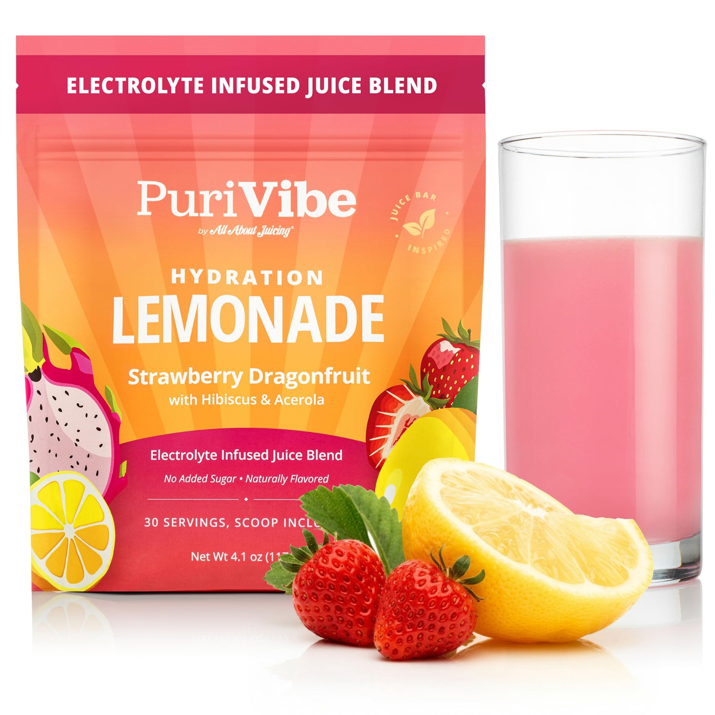 All About Juicing PuriVibe Hydration Lemonade Electrolyte Powder, Strawberry Dragonfruit 4.1 Ounce
