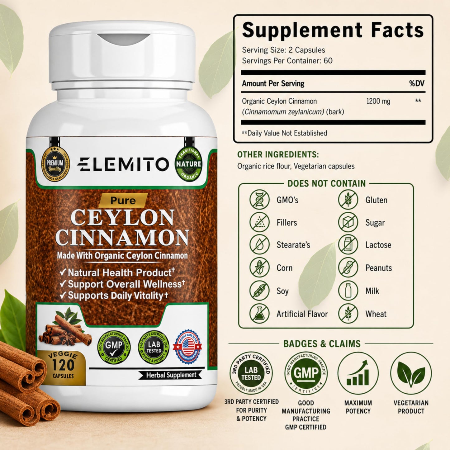 ELEMITO Organic Ceylon Cinnamon Capsules 120 Count