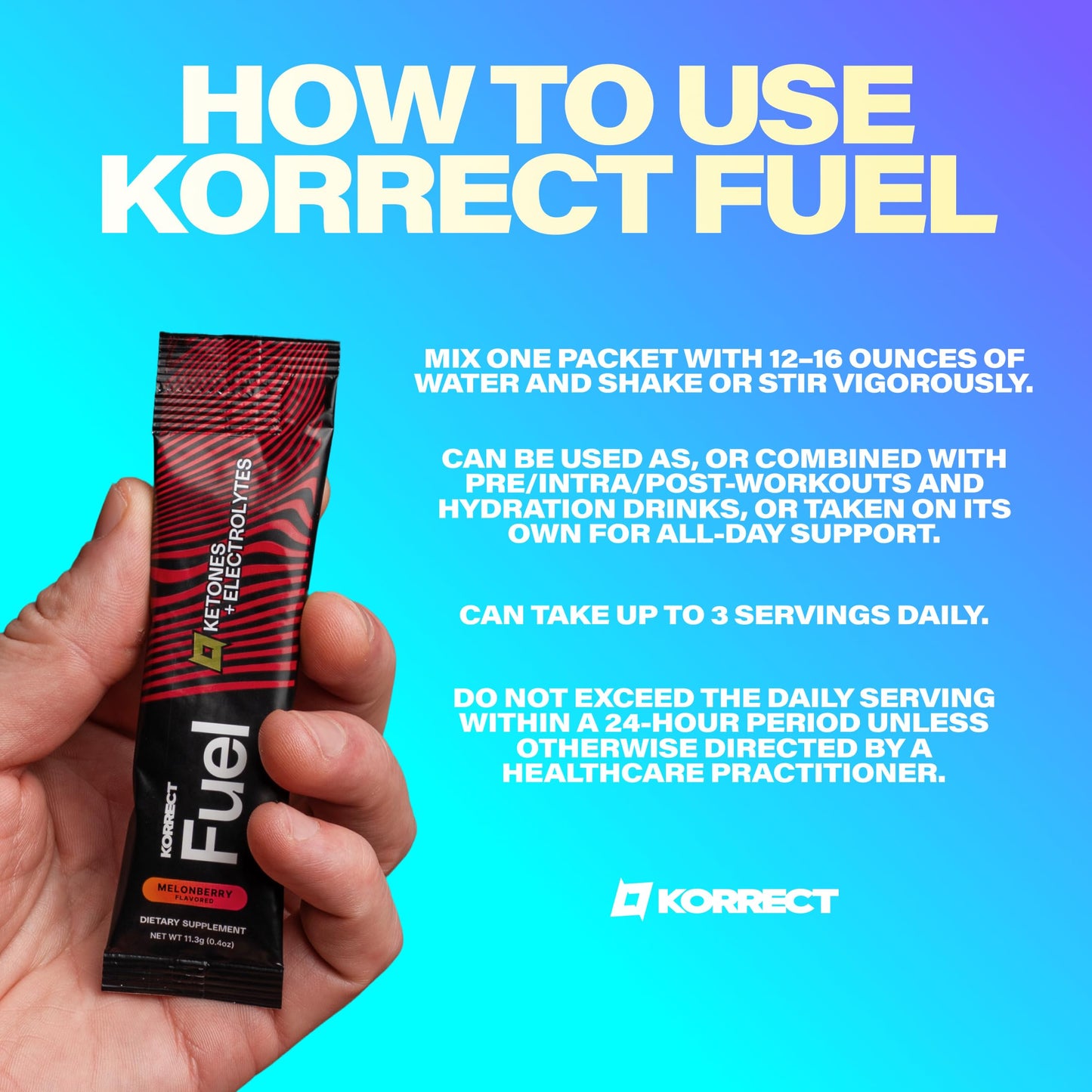 KORRECT LIFE Korrect Fuel Ketone Electrolyte Powder, 15 Single-Serve Packets, Melonberry