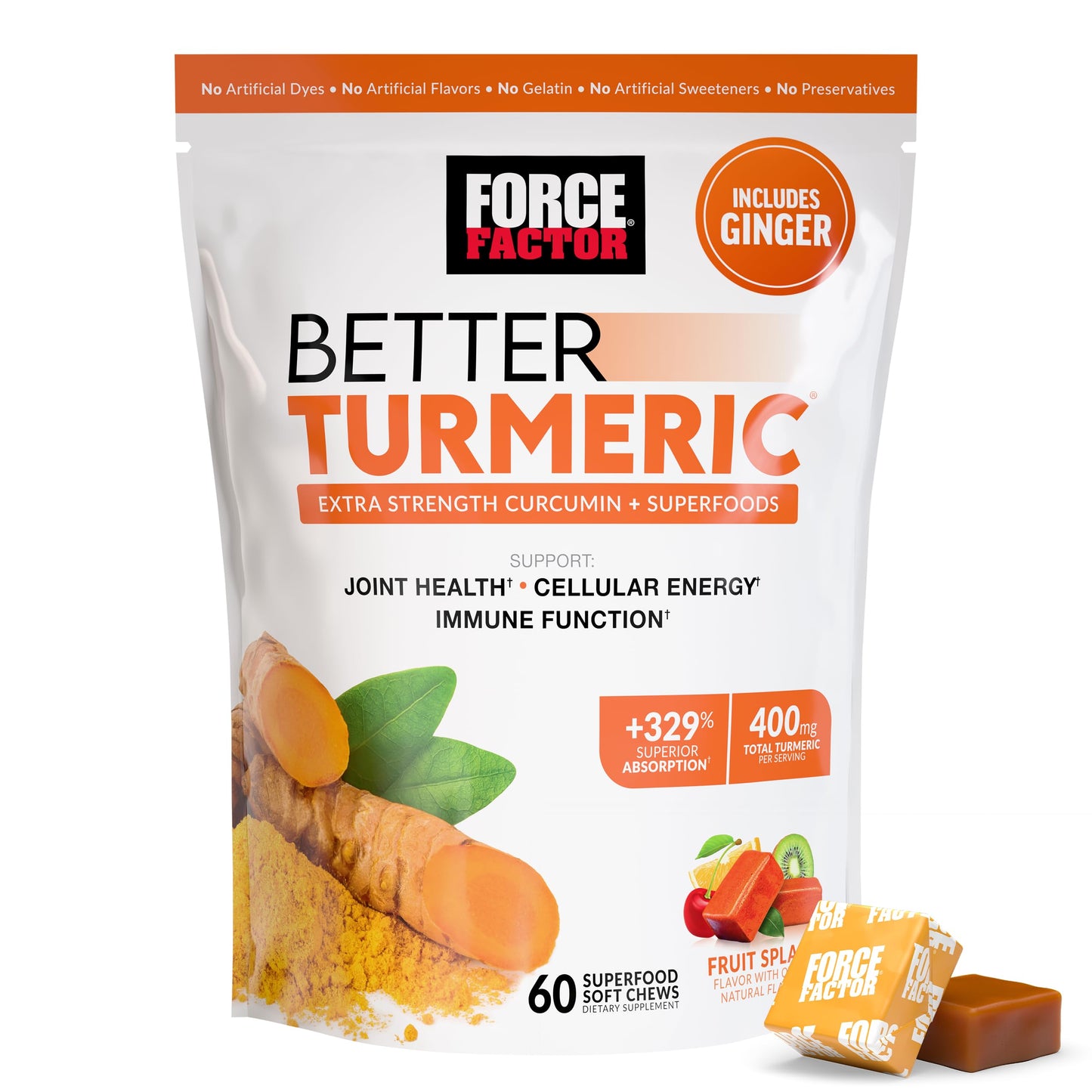 Force Factor Turmeric Soft Chews 400mg with Black Pepper & Ginger, 60 Count