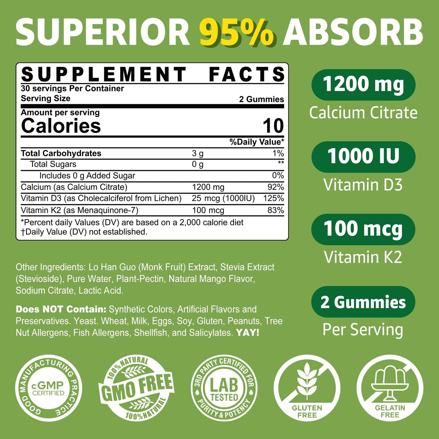 Nextdia Calcium Citrate Gummies 1200mg with Vitamin D3 K2, Chewable Calcium Supplements, 60 Gummies