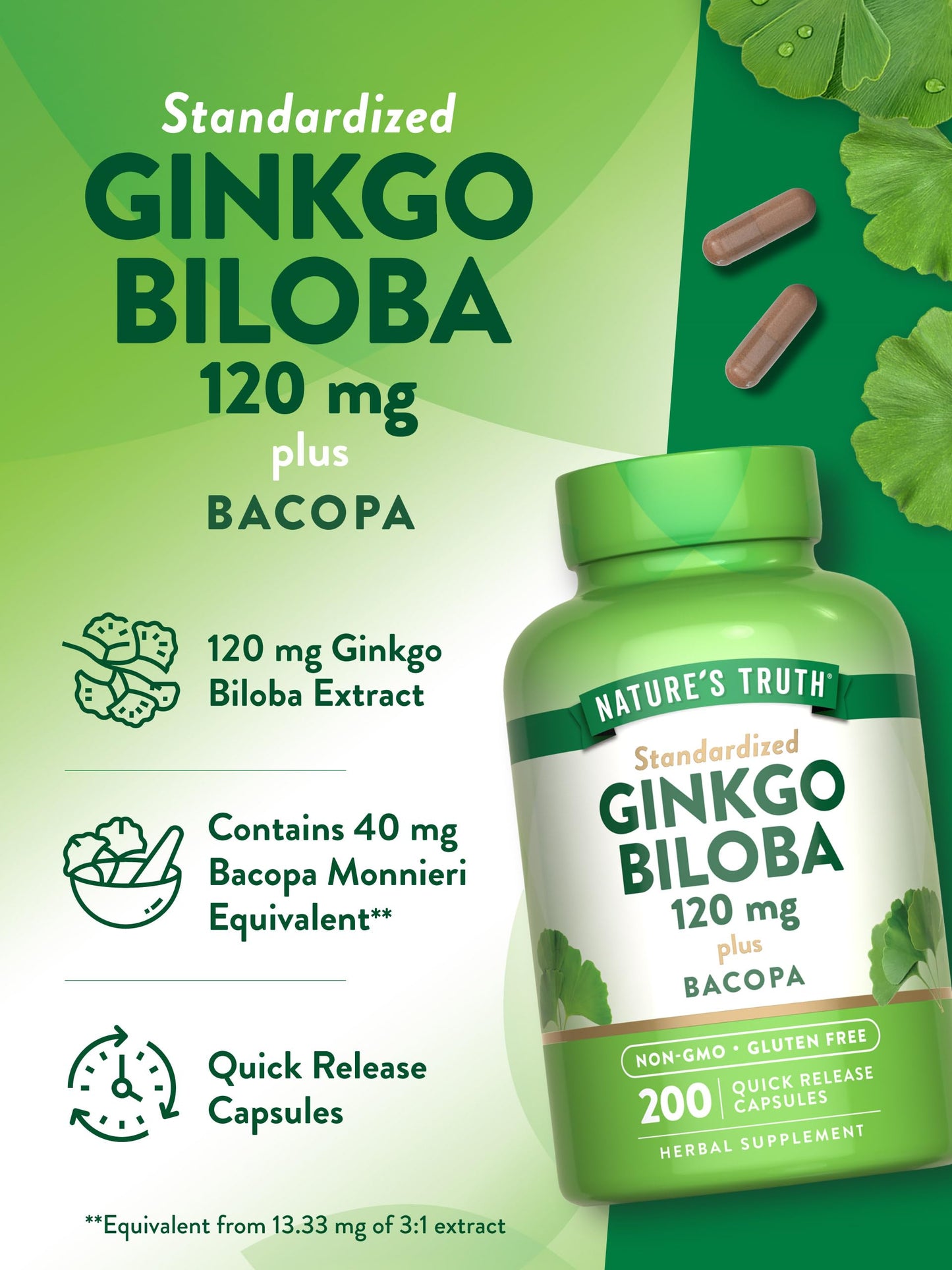 Nature's Truth Ginkgo Biloba 120mg Plus Bacopa Capsule, 200 Count