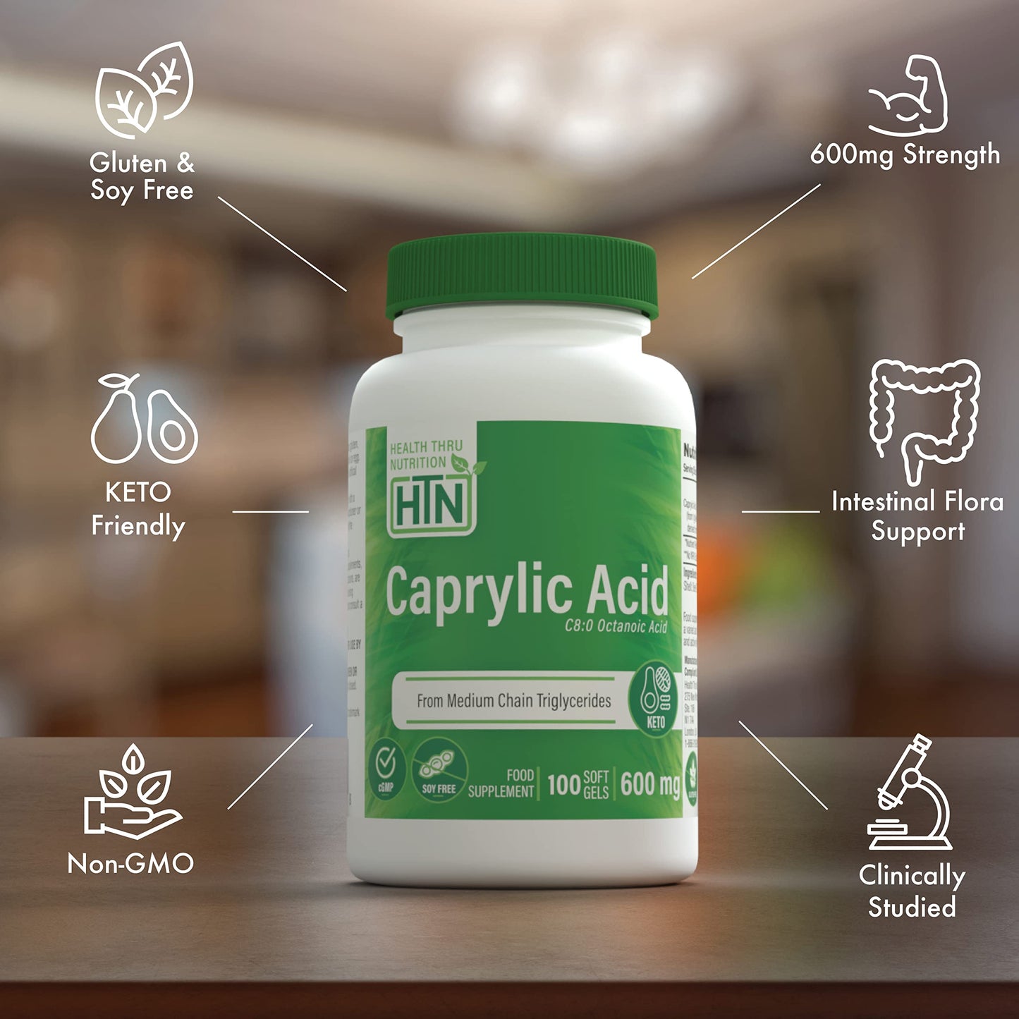 Health Thru Nutrition Caprylic Acid 600mg Softgels 100 Count