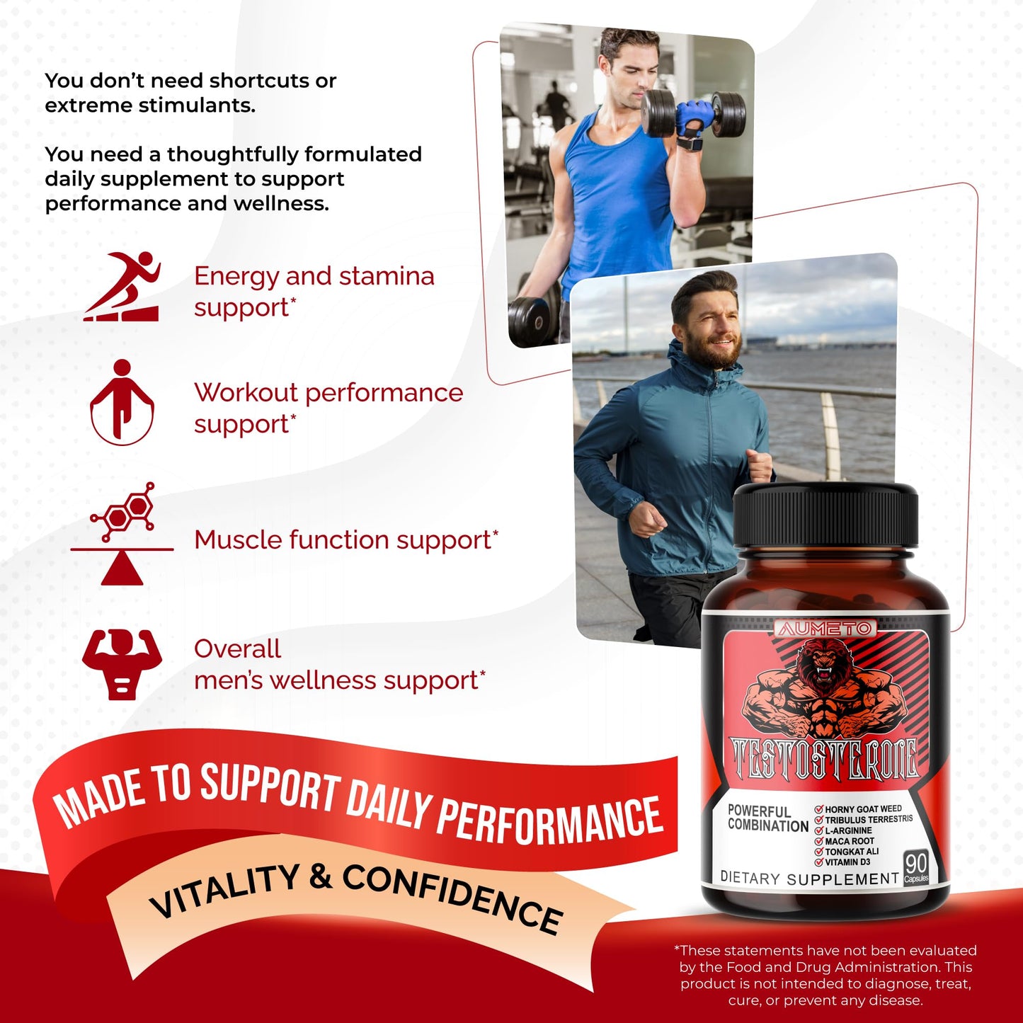 Aumeto Vitality & Wellness Support for Men with Tribulus, Tongkat Ali, Maca Root, L-Arginine & Vitamin D3 – 90 Capsules