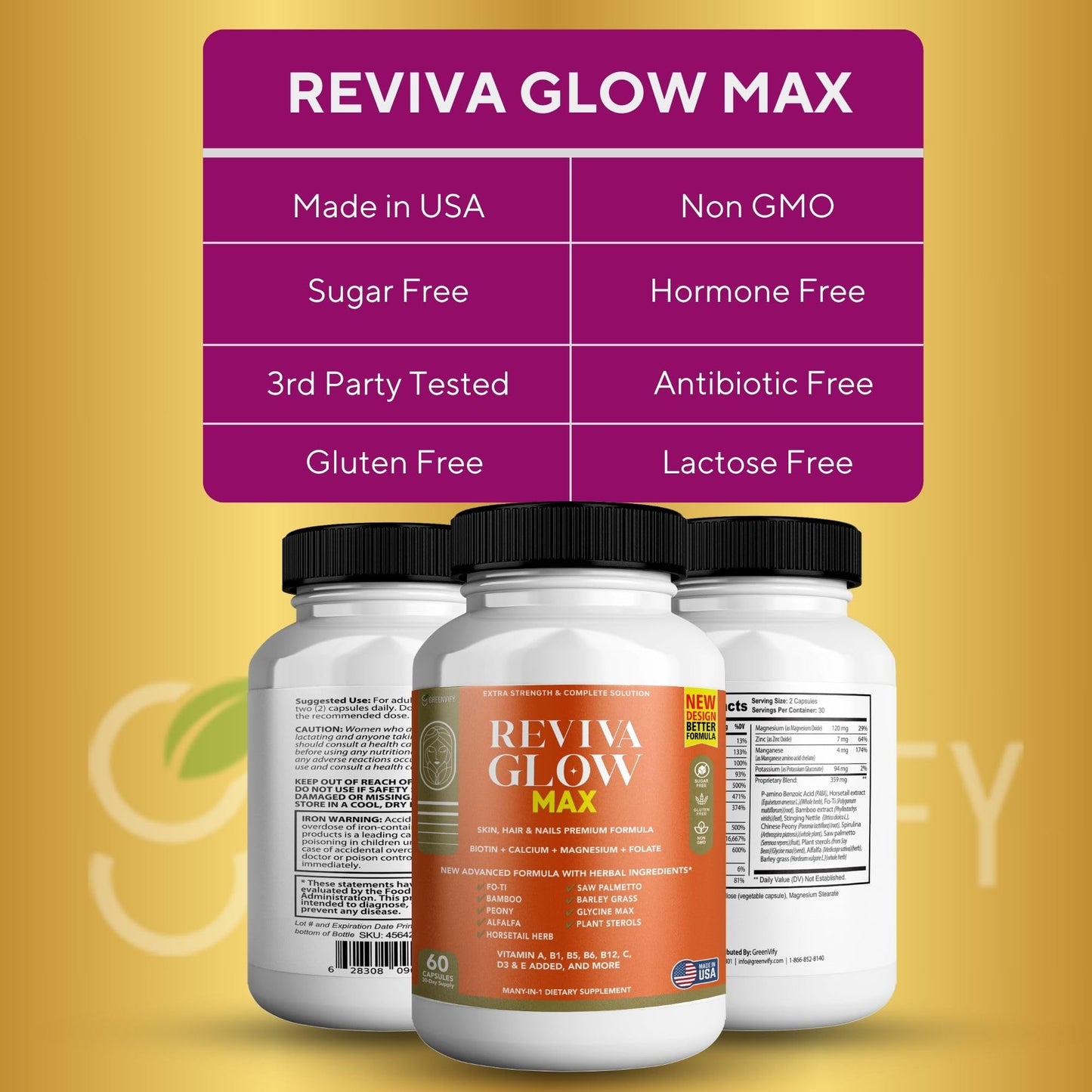 GREENVIFY Reviva Glow Max Hair, Skin & Nails Support Supplement Capsule 180 Capsules