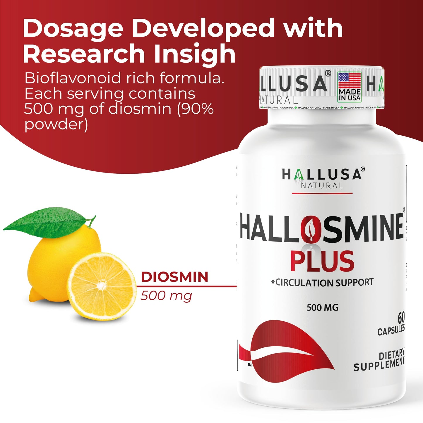 Hallusa Natural Hallosmine Plus Diosmin 500mg Supplement Capsules, 60 Count