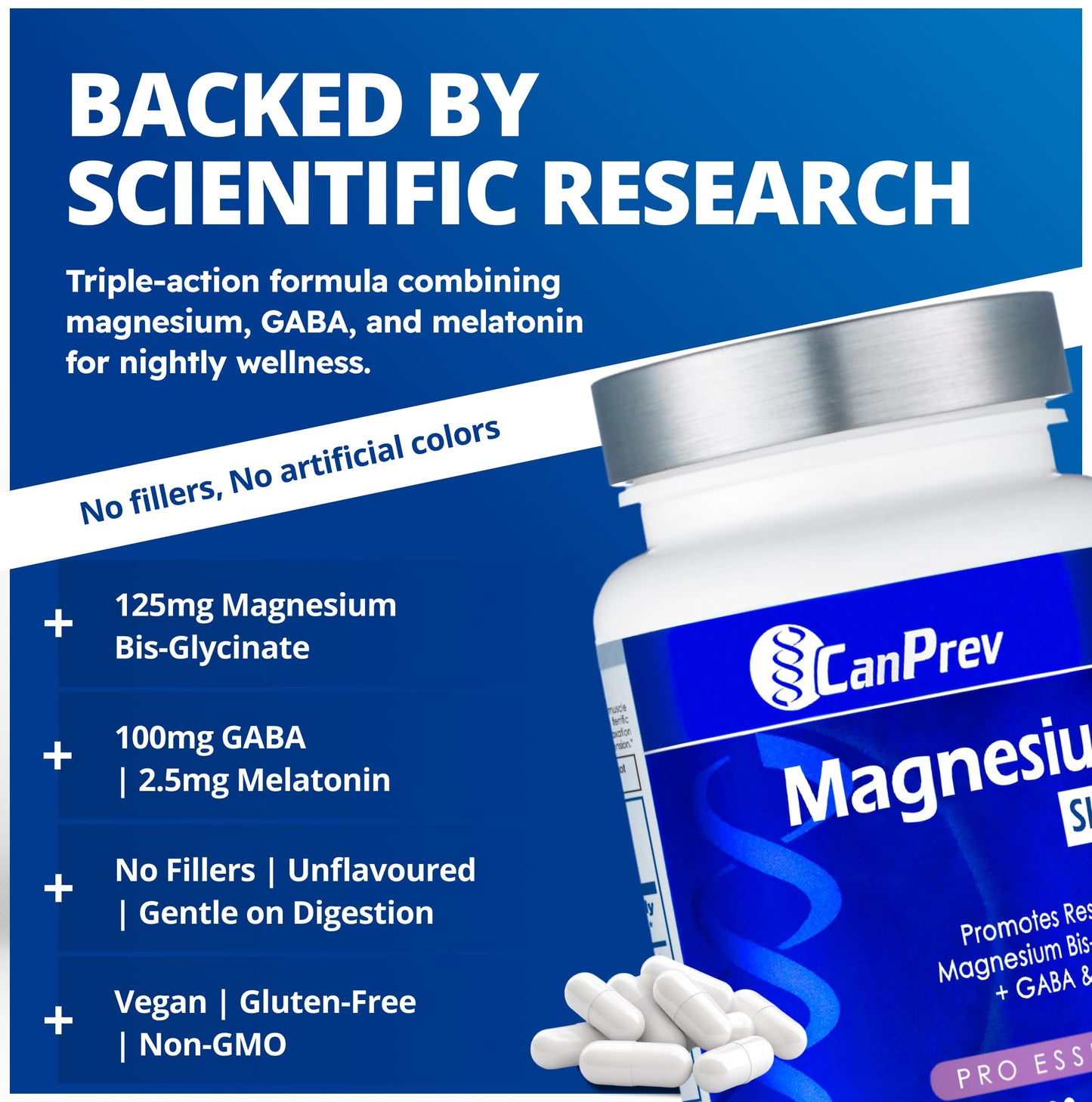 CanPrev Magnesium Bisglycinate Chelated + GABA & Melatonin Capsules, 120 Capsules