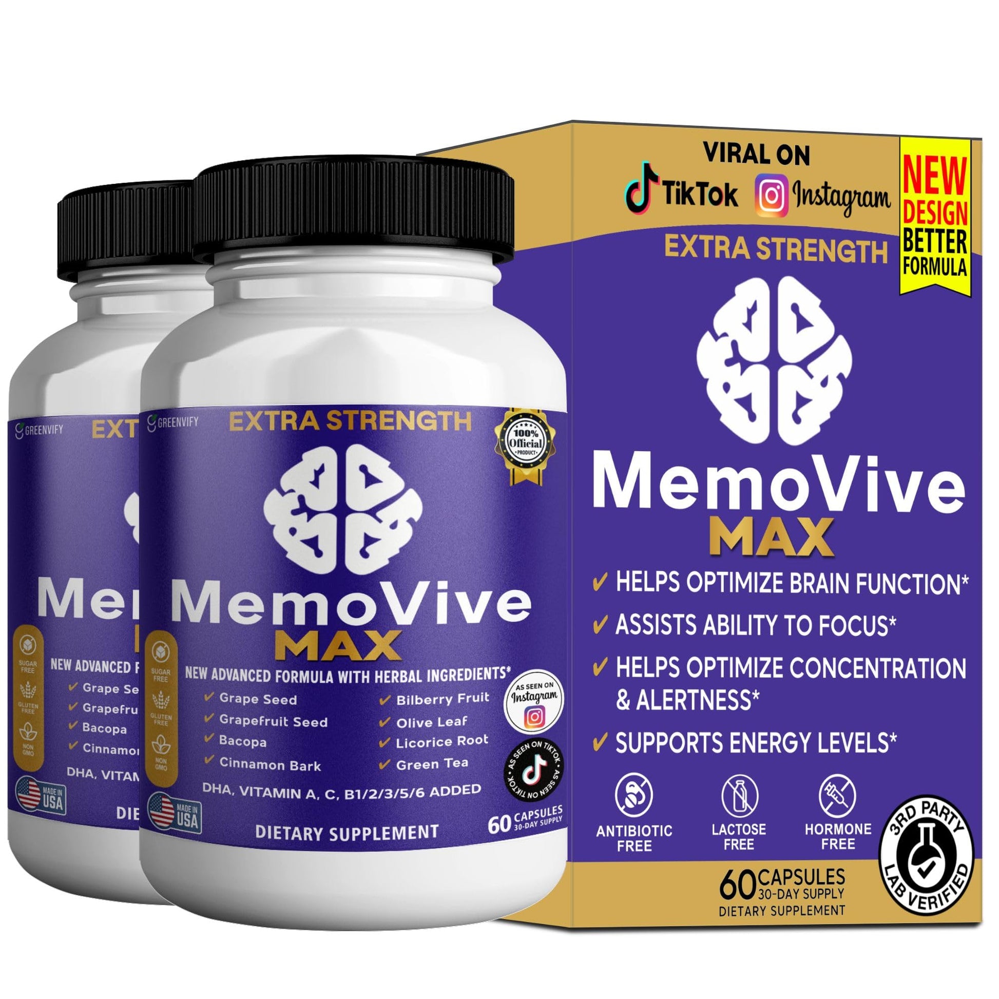 GREENVIFY MemoVive MAX Extra Strength Memory Support Supplement Capsules, 60 Capsules