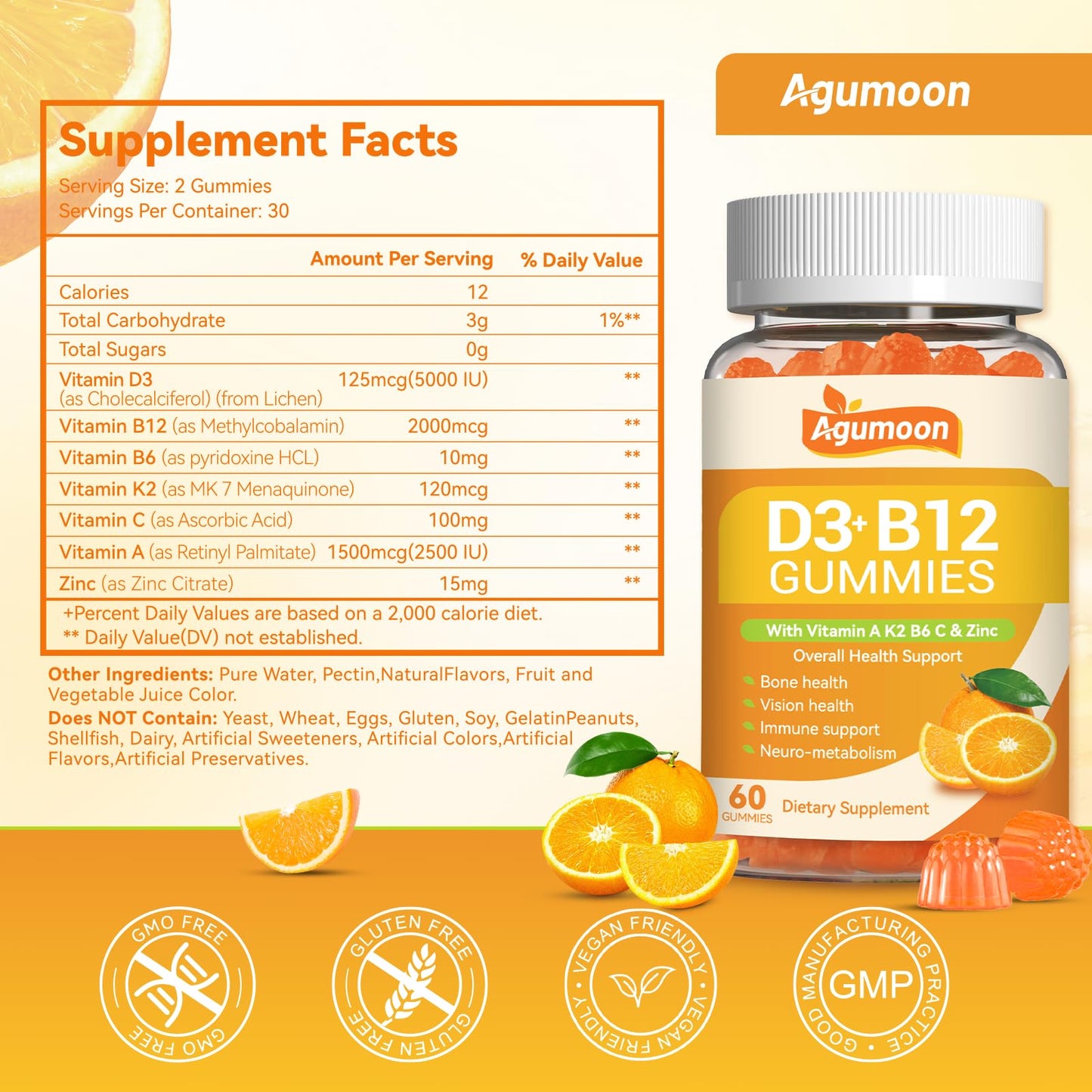 Agumoon Vitamin D3 B12 Gummies 60 Count
