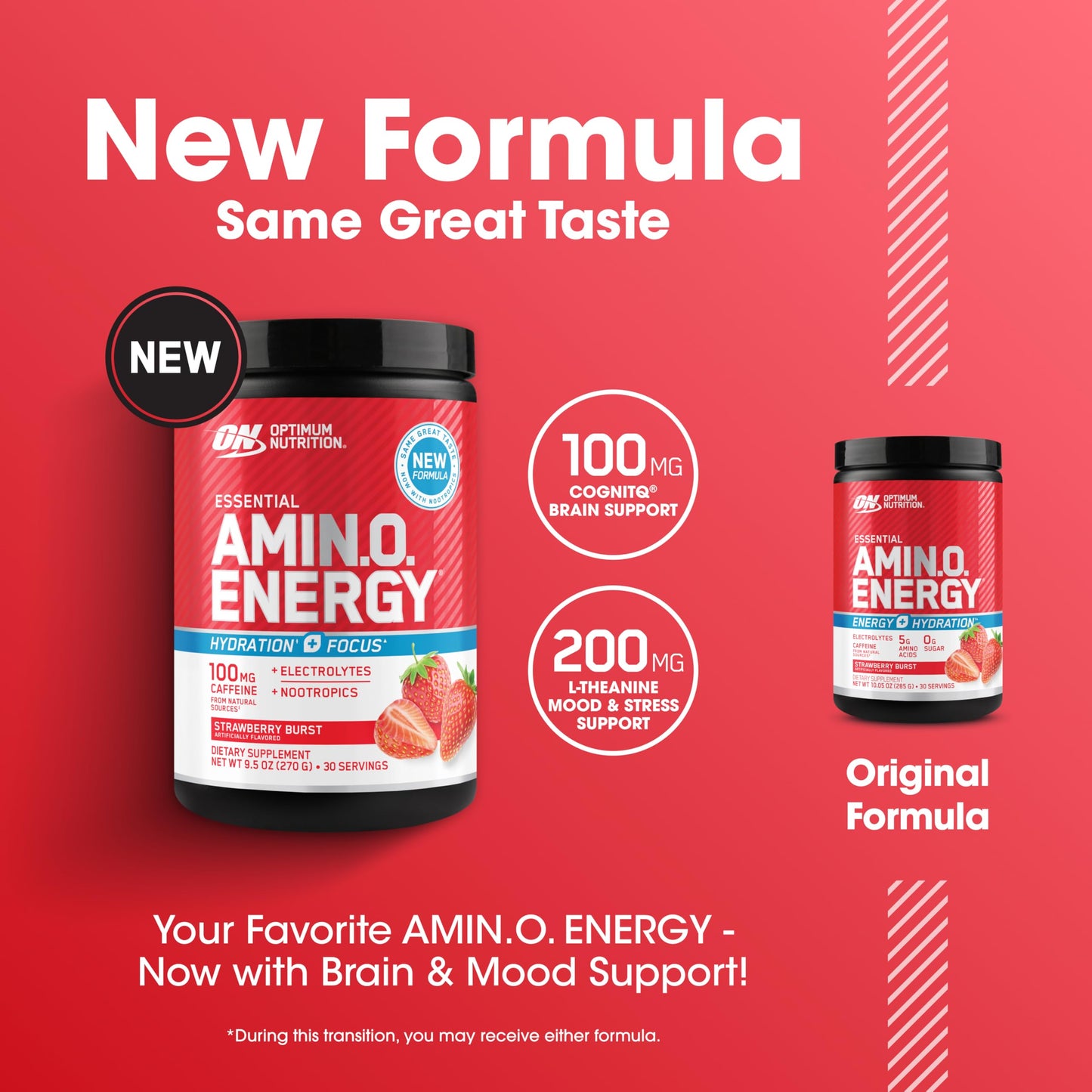 Optimum Nutrition Amino Energy Powder Plus Focus, with BCAA, Electrolytes, and Caffeine, Juicy Strawberry, 9.5 oz