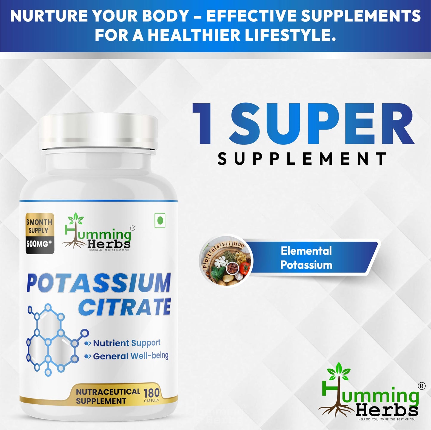Humming Herbs Potassium Citrate 500mg, 180 Capsules