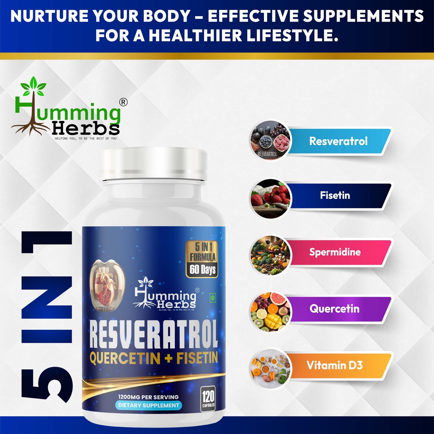 Humming Herbs Resveratrol Supplement, 120 Capsules