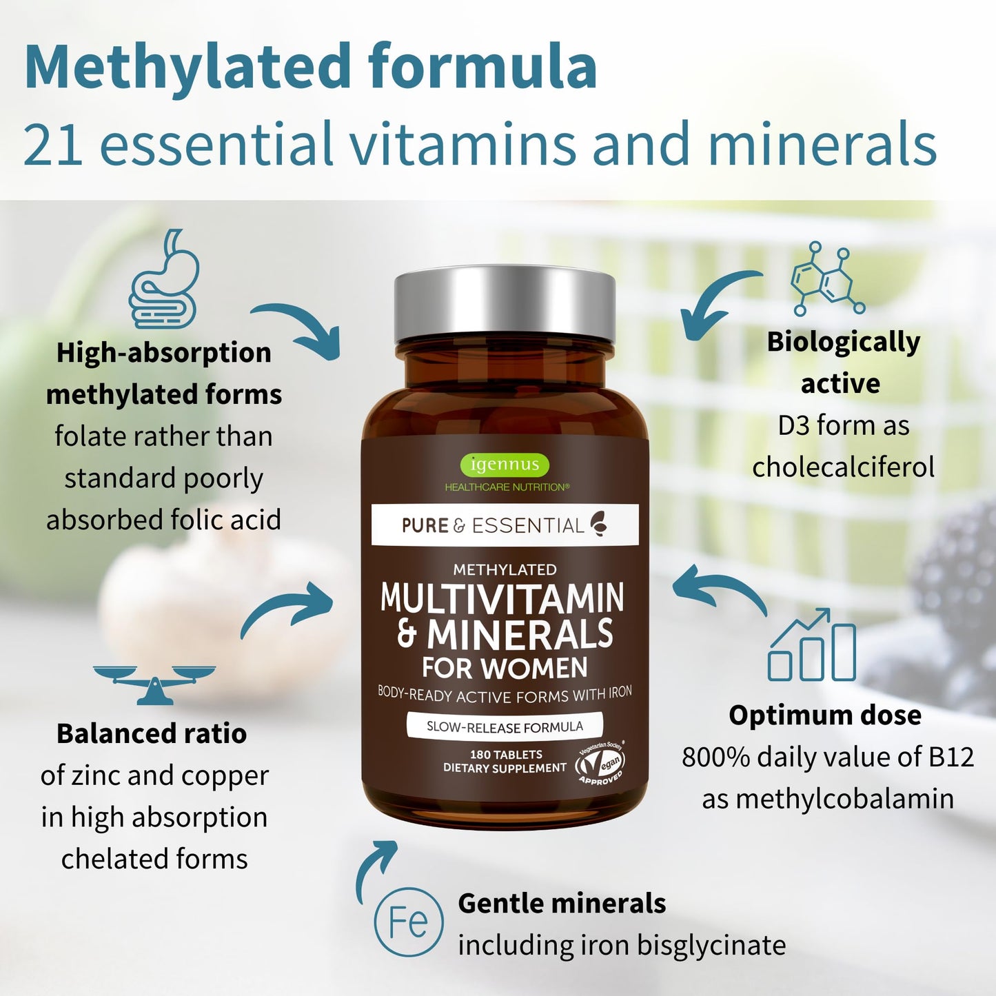 Igennus Healthcare Nutrition High Potency Methylated Multivitamin for Women with Gentle Iron, 5-MTHF Folate & Methylcobalamin B12, Non-GMO, 180 Vegan Tablets
