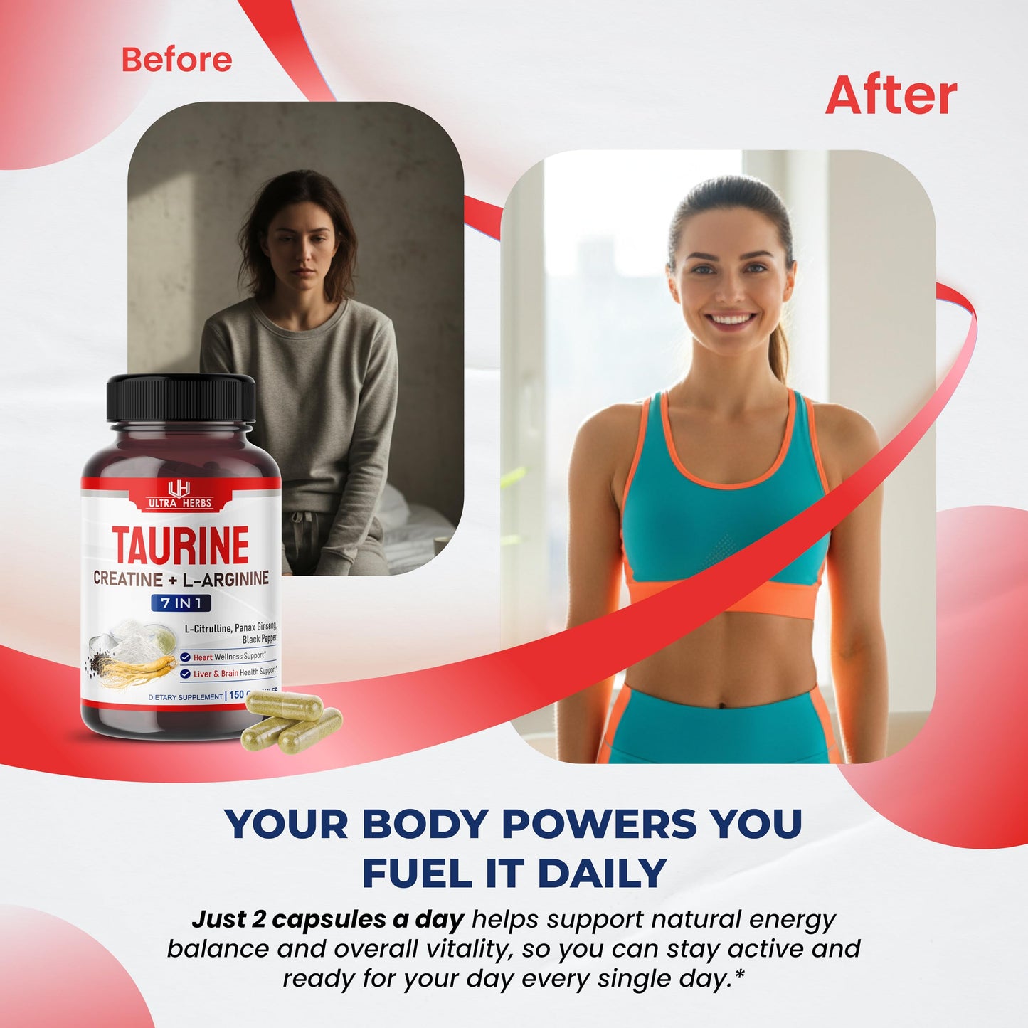 ULTRA HERBS Taurine Supplement with Creatine, L-Arginine, L-Citrulline & Panax Ginseng Capsules 150 Count