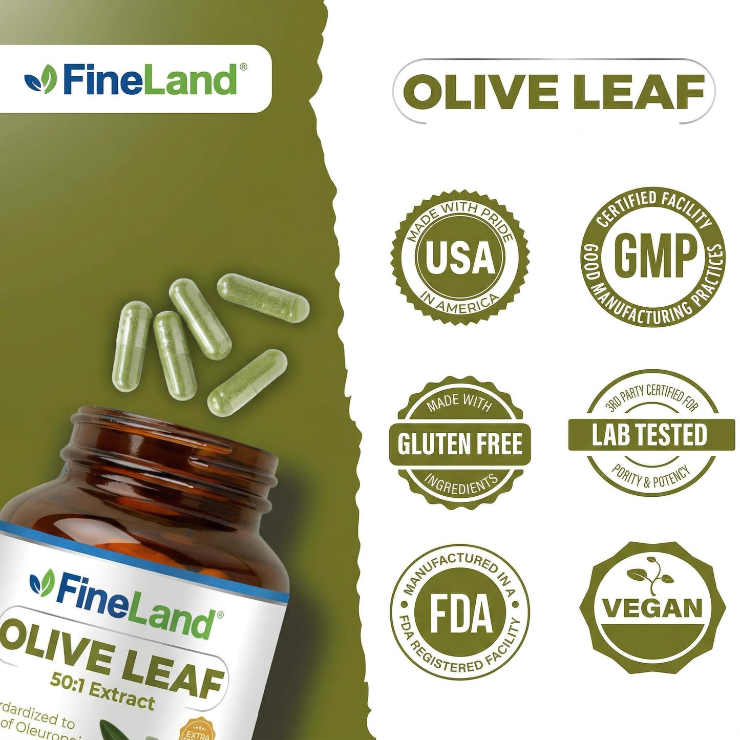 FineLand Olive Leaf 50:1 Extract with 20% Oleuropein Capsules, 160 Count