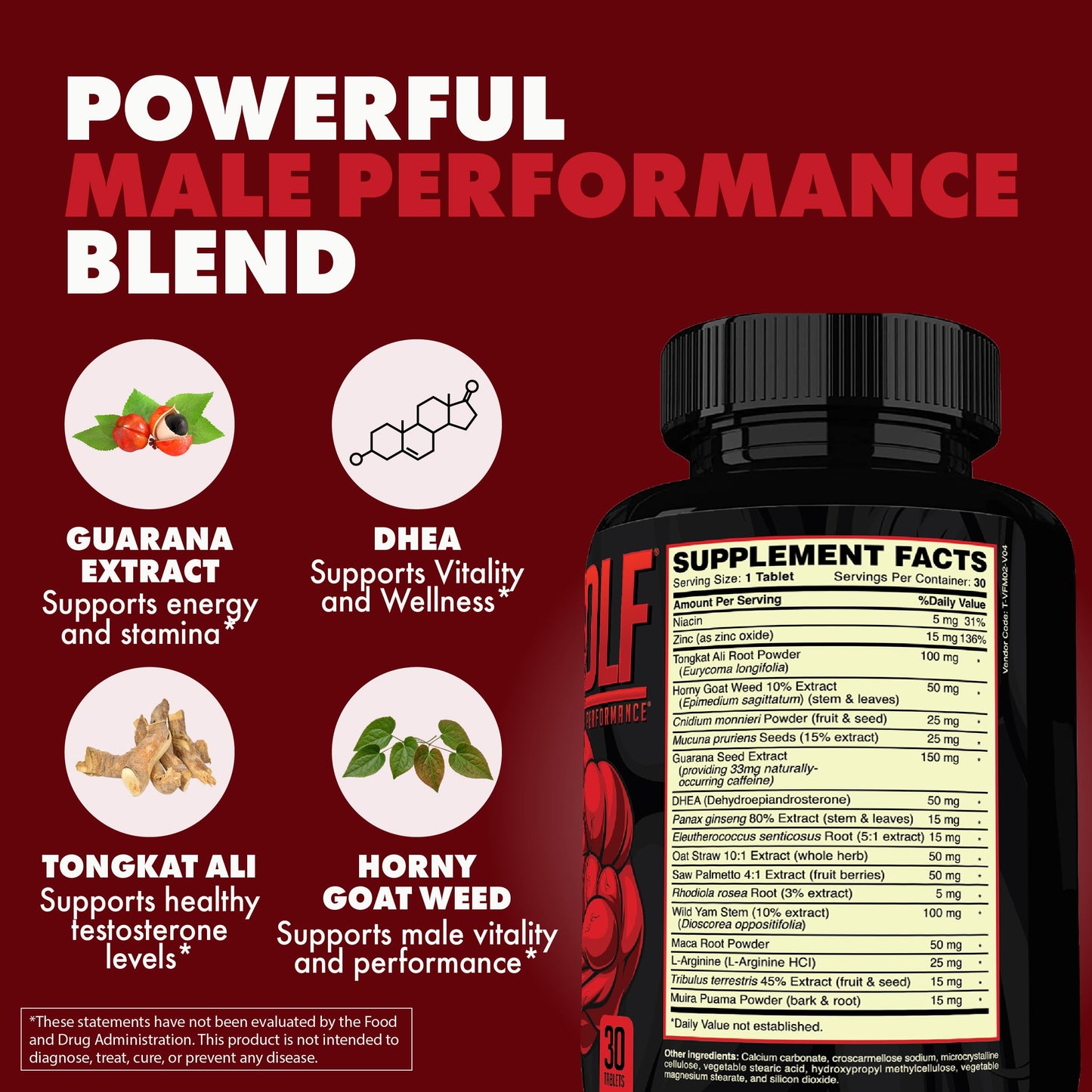 ONL Red Wolf Testosterone Booster for Men & Ultimate Male Enhancing Tablets, 30 Count