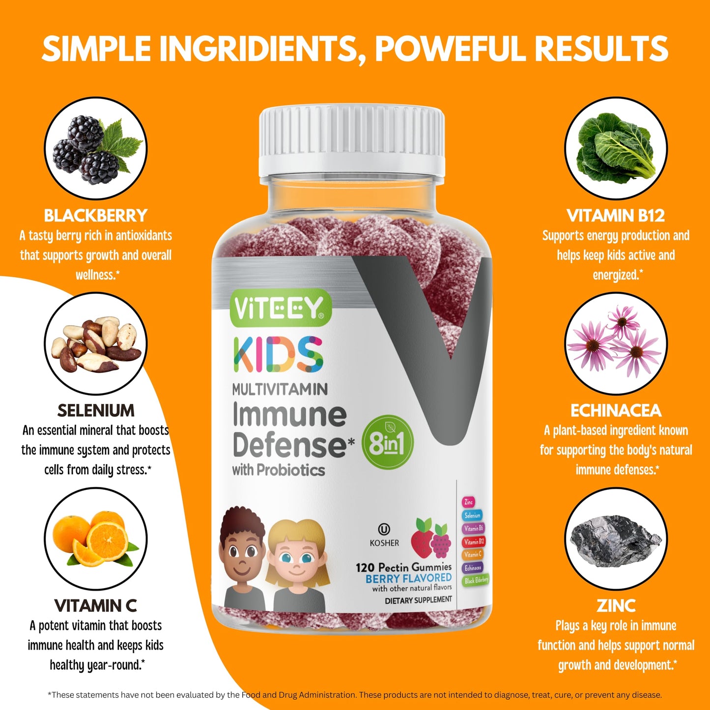 Viteey Kids Multivitamin Gummies with Probiotics - 8-1 Kids Vitamins for Immune Health Support with Vitamin C, D3, B12, B6, Zinc, Elderberry, Selenium - Vegetarian - Chewable Tasty Berry Flavored - 120 Gummies