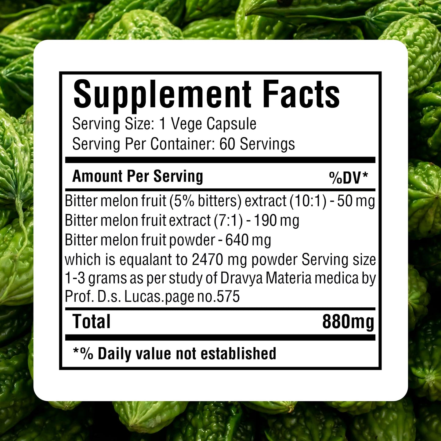 HerbsForever Bittermelon/Gourd Extra Strength 10:1 Extract, 4250 mg Fruit Powder Equivalent per Serving, 60 Capsules