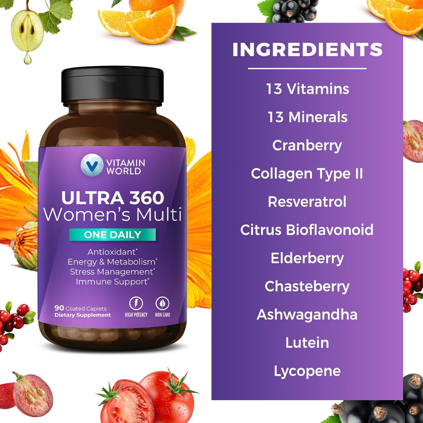 Vitamin World Ultra 360 Multivitamin for Women One Daily, Stress Support Caplets 90