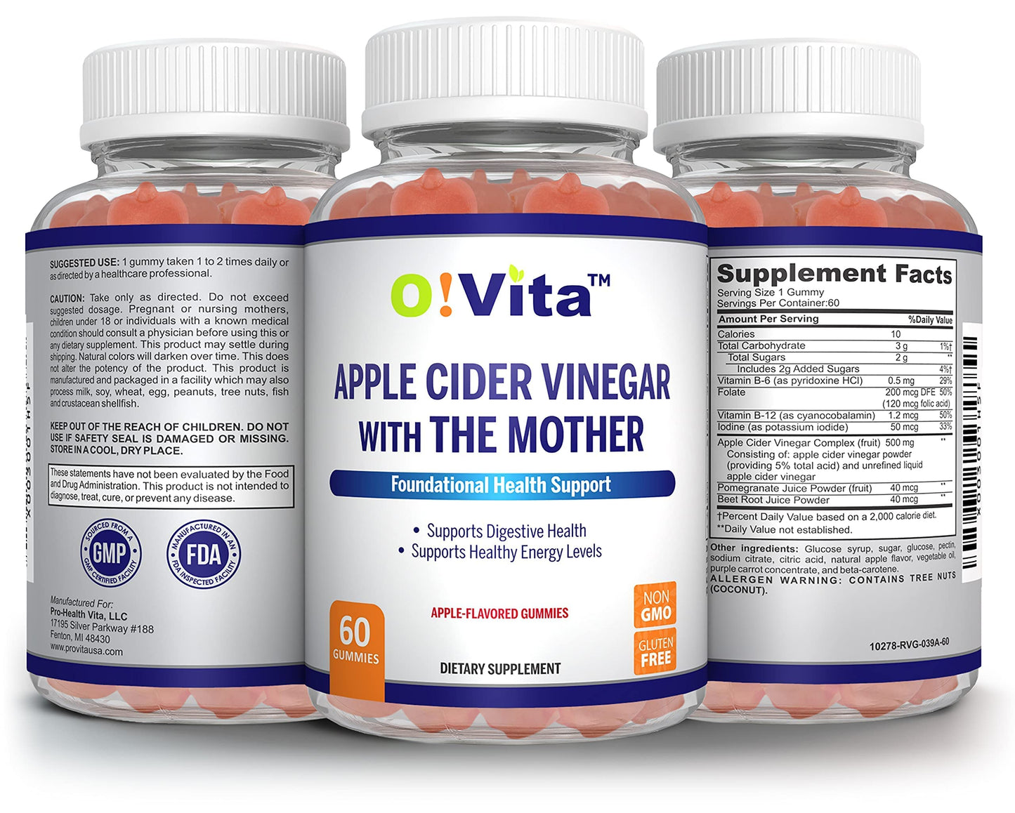 O!VITA Apple Cider Vinegar Gummies with The Mother, 60 Gummies