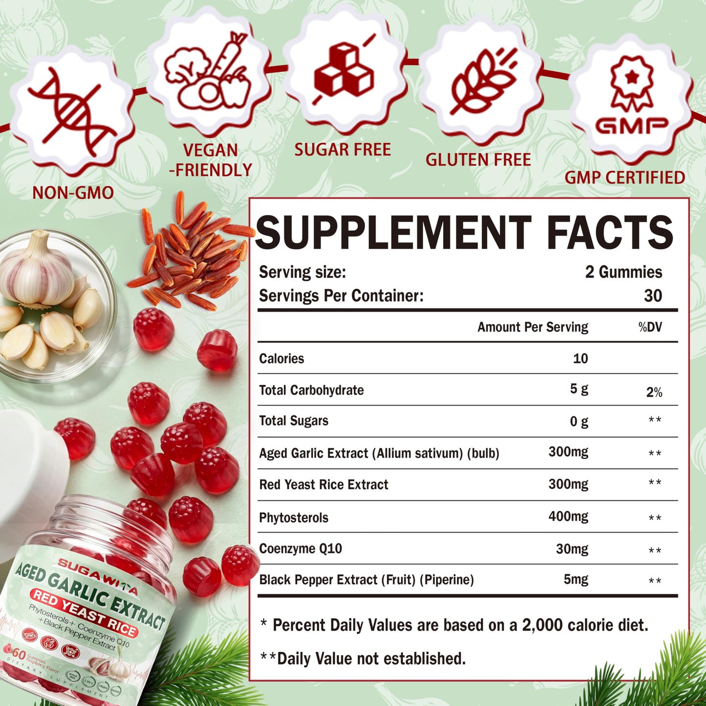 SUGAWITA Odorless Aged Garlic Extract 300mg Gummies with CoQ10, 2-Year Matured Garlic Supplement, Standardized for S-Allylcysteine, Sugar Free Vegan Non-GMO Raspberry Flavor Chewable 60 Count