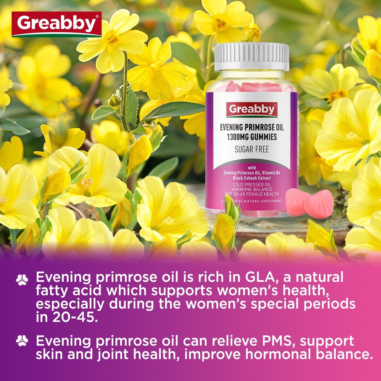 GREABBY Evening Primrose Oil Gummies 1300mg with Black Cohosh & Vitamin B6, 120 Gummies