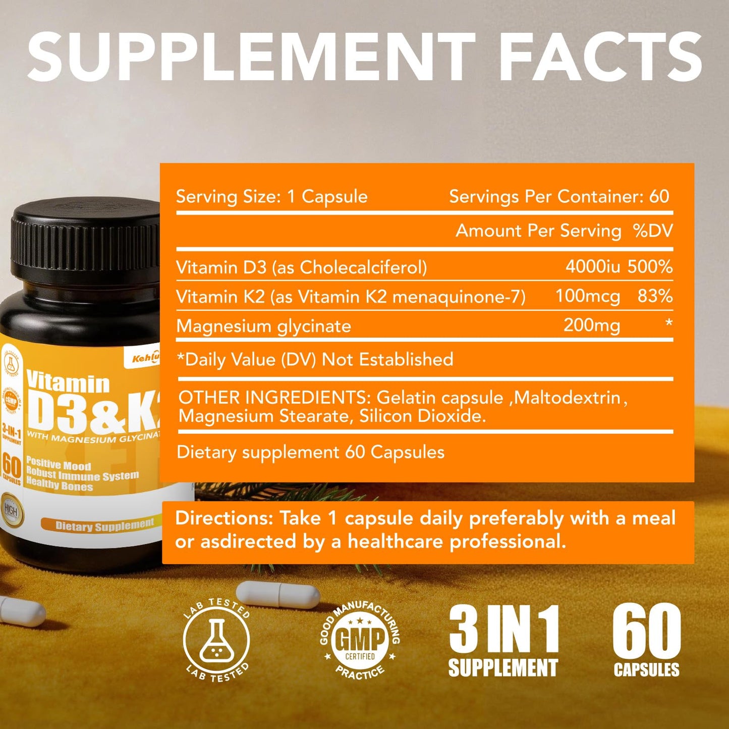 KEHLUSTY Vitamin D3 K2 with Magnesium Glycinate, 4000 IU D3, 100 mcg K2 MK-7, Non-GMO, 60 Gummies